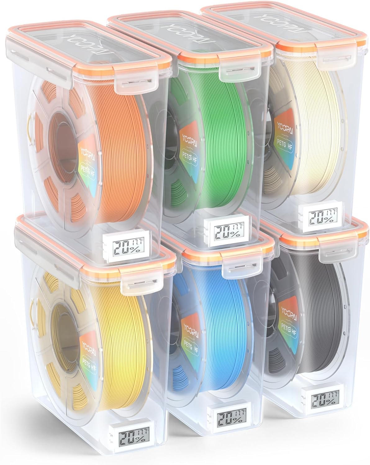 YOOPAI Pro Filament Storage Box with Temperature & Humidity Monitor, Airtight Filament Container for 1kg 1.75mm Spools, Moisture & Dust Resistant 3D Filament Storage with Reusable Desiccants, 6 Pack