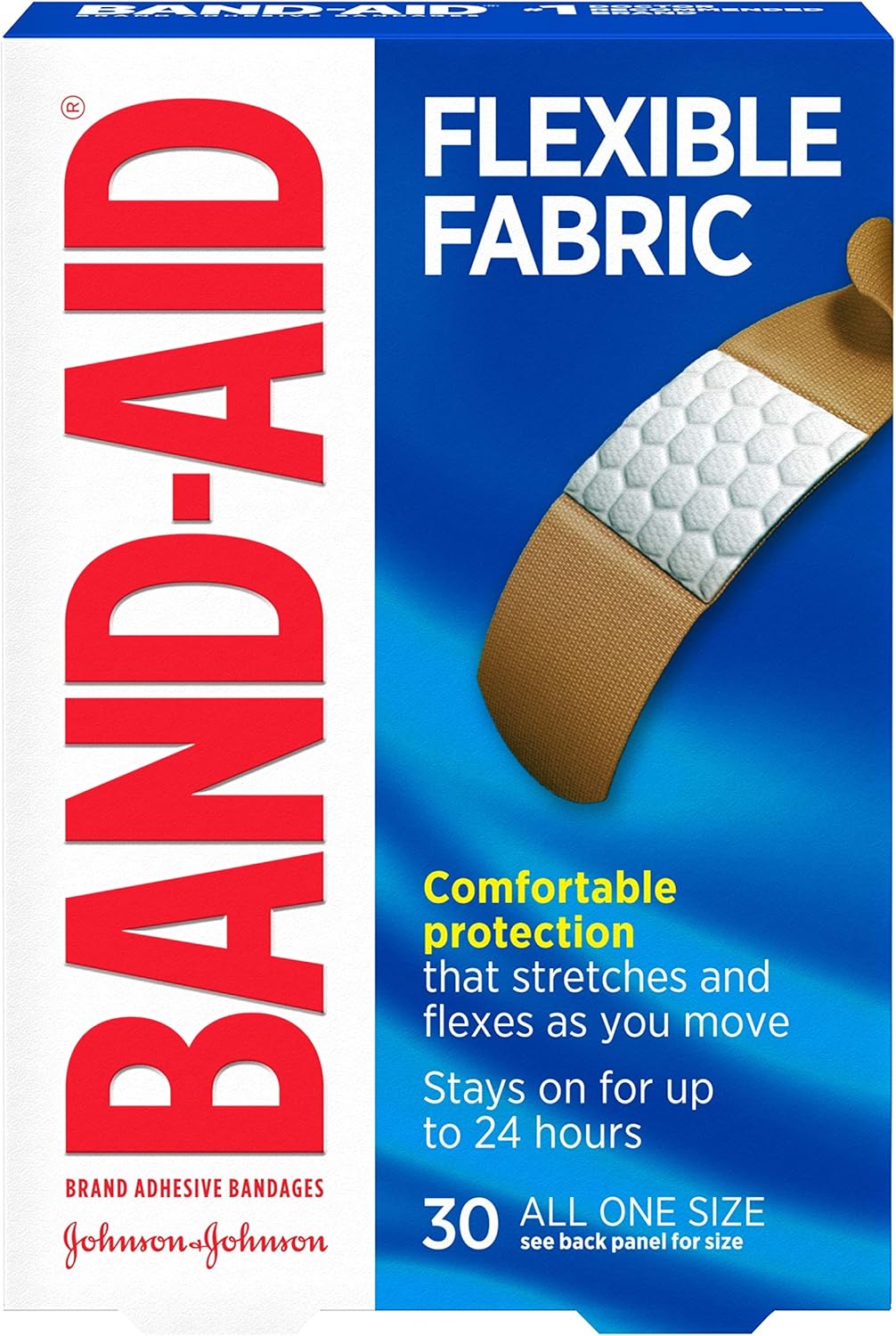 Band-Aid Brand Flexible Fabric Adhesive Bandages, Comfortable Flexible Protection & Wound Care of Minor Cuts & Scrapes, Quilt-Aid Technology to Cushion Painful Wounds, All One Size, 30 ct