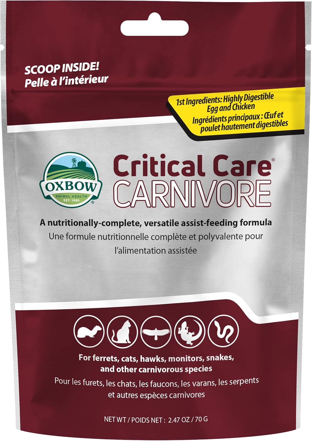 Oxbow Critical Care Carnivore, Made with Whole Egg & Dried Chicken, Assist Feeding Formula for Carnivores, Cat Supplements, Ferret Food Recovery, Small Animal Pet Products, Made in USA, 70 Gram Bag
