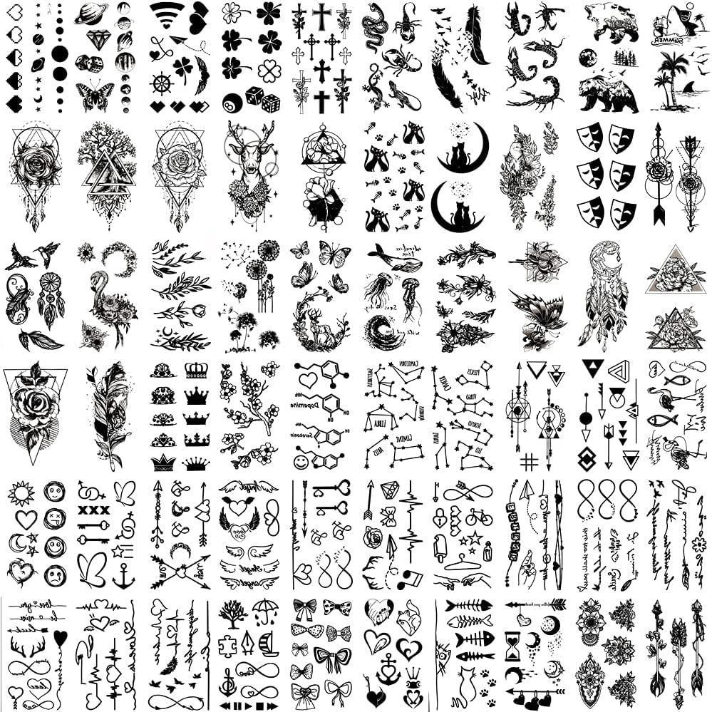 Temporary Tattoos ,60 Sheets Waterproof Black Tiny Tattoo Sticker,Butterfly Anchor Compass For Men Women,Roses, Butterflies and Mixed Style Body Art Temporary Tattoos For Neck Arm Hands