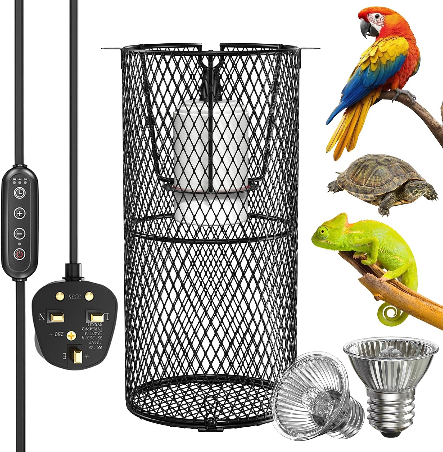 Reptile Heat Lamp Holder with Guard,E27 Ceramic Heat Emitter Lamp Holder | With 50W UVA UVB Heat Bulbs,Ceramic Heat Emitter Lamp, E27 Mesh Cage Reptile Protection Lampshades for Lizard Snake Chick