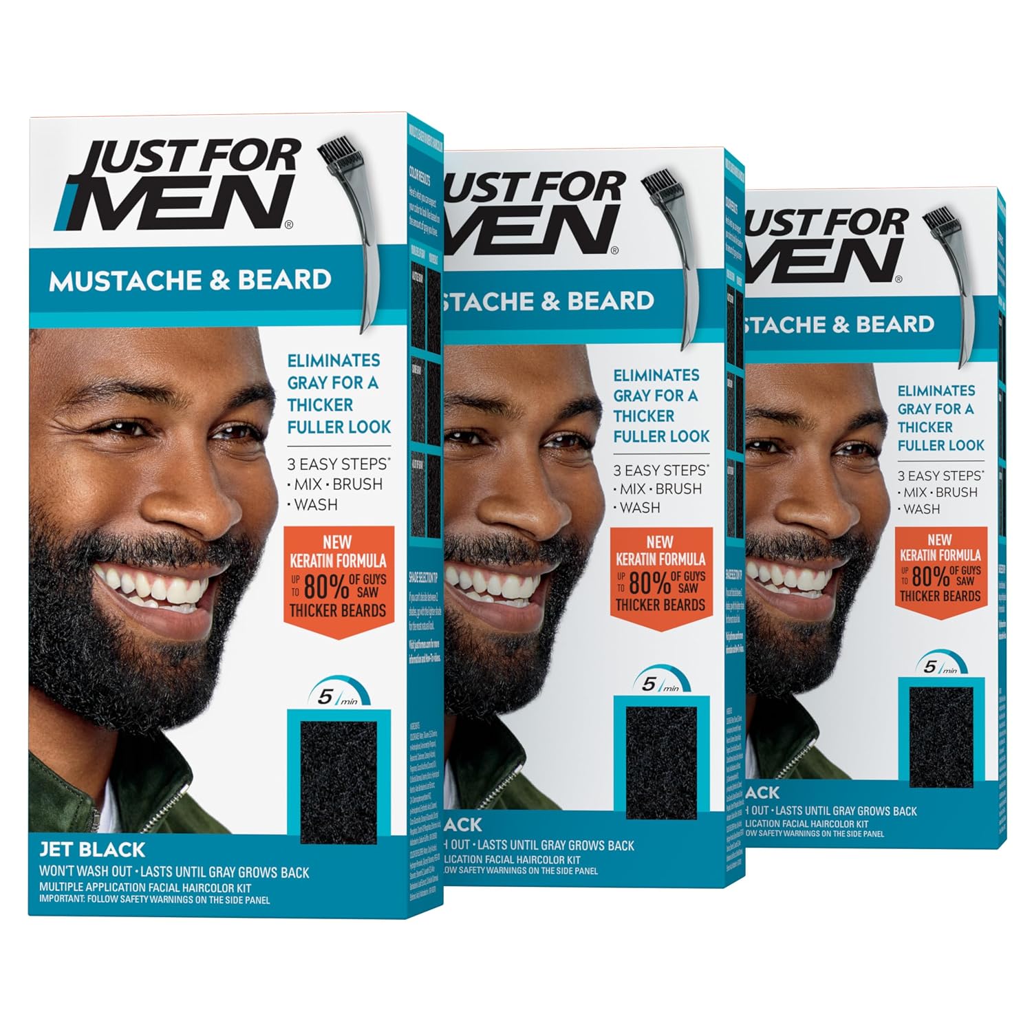 JUST FOR MEN Mustache & Beard Dye, Keratin, Jet Black M-60 (3 Pack)