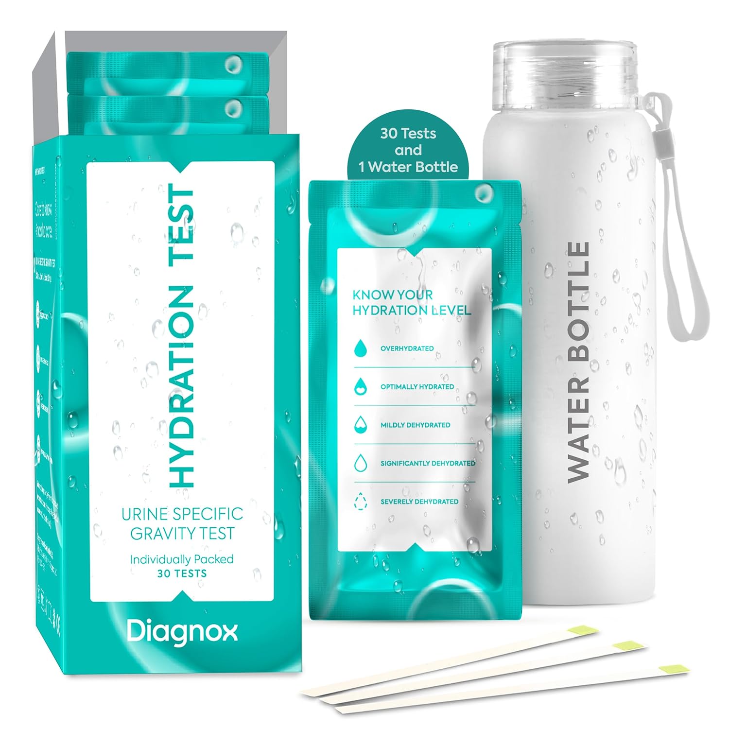 DIAGNOX Hydration Test Strips [30 Tests] and 16 Oz Glass Water Bottle