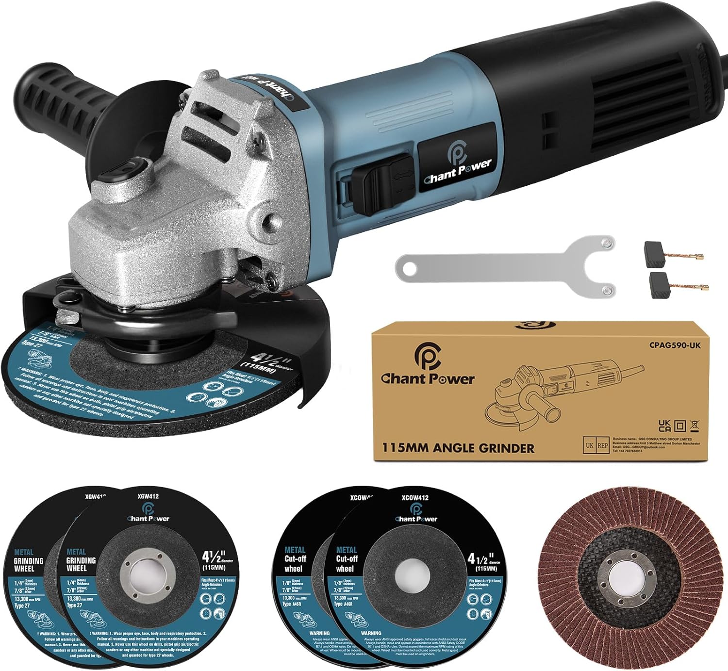 C P CHANTPOWER Angle Grinder Power Tool, 115mm 900W Corded Angle Grinder with 2X Cutting Wheel, 2X Grinding Wheel, 1X Flap Discs and Side Handle
