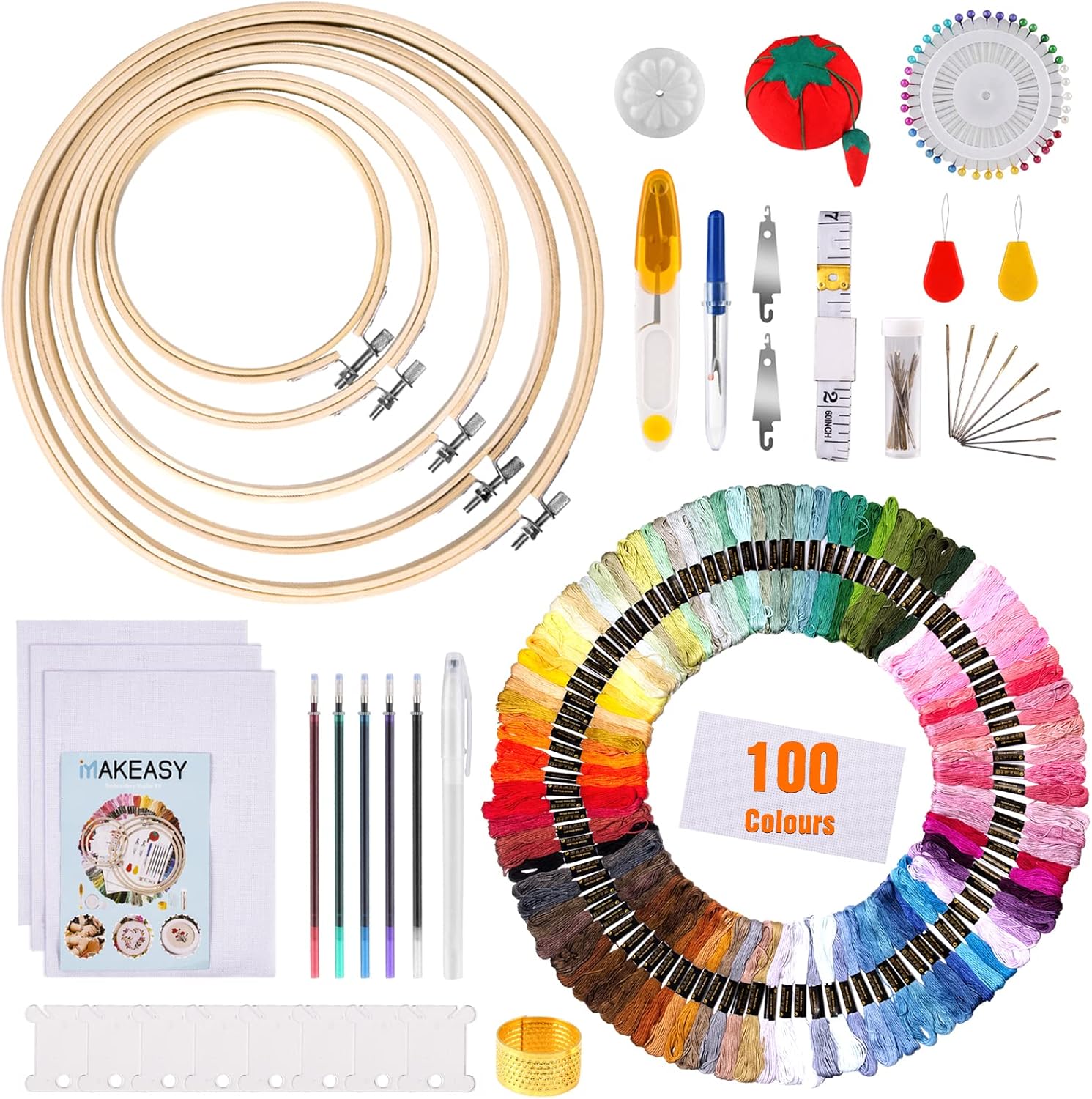 MAKEASY Embroidery Starter Kit 205PCS, Cross Stitch Kits with 100 Colors Embroidery Threads, 3PCS Aida Fabric, 5PCS Bamboo Embroidery Hoops, Instruction for Adults & Kids Beginners