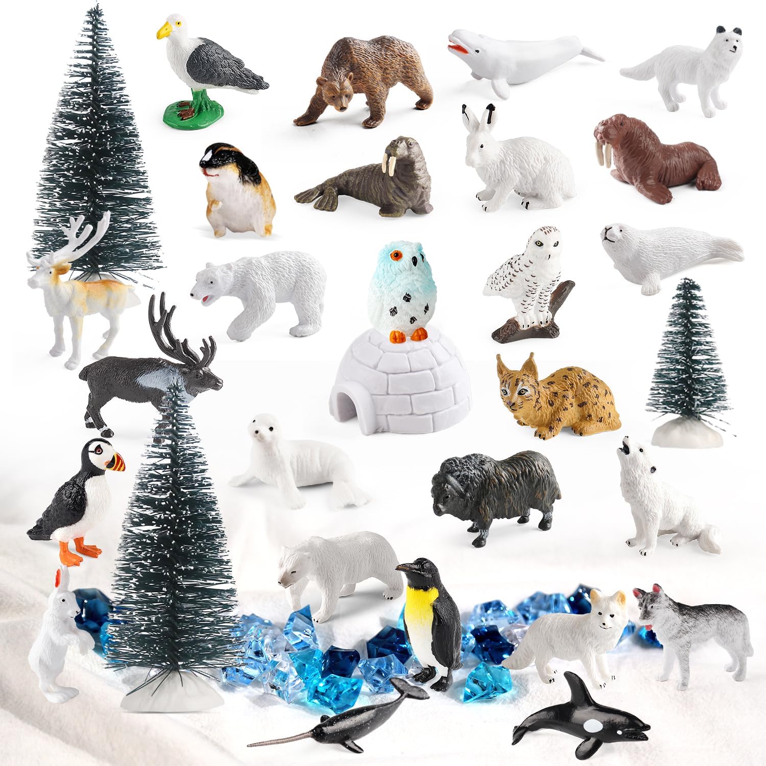 SIENON 60Pcs Arctic Animal Toy Set Includes 27Pcs Mini Polar Animal Figurines with Polar Bear, Penguin, Caribou, Snowy Owl, 3Pcs Model Pine Trees, 30Pcs Fake Ice Rocks for School Project Cake Toppers