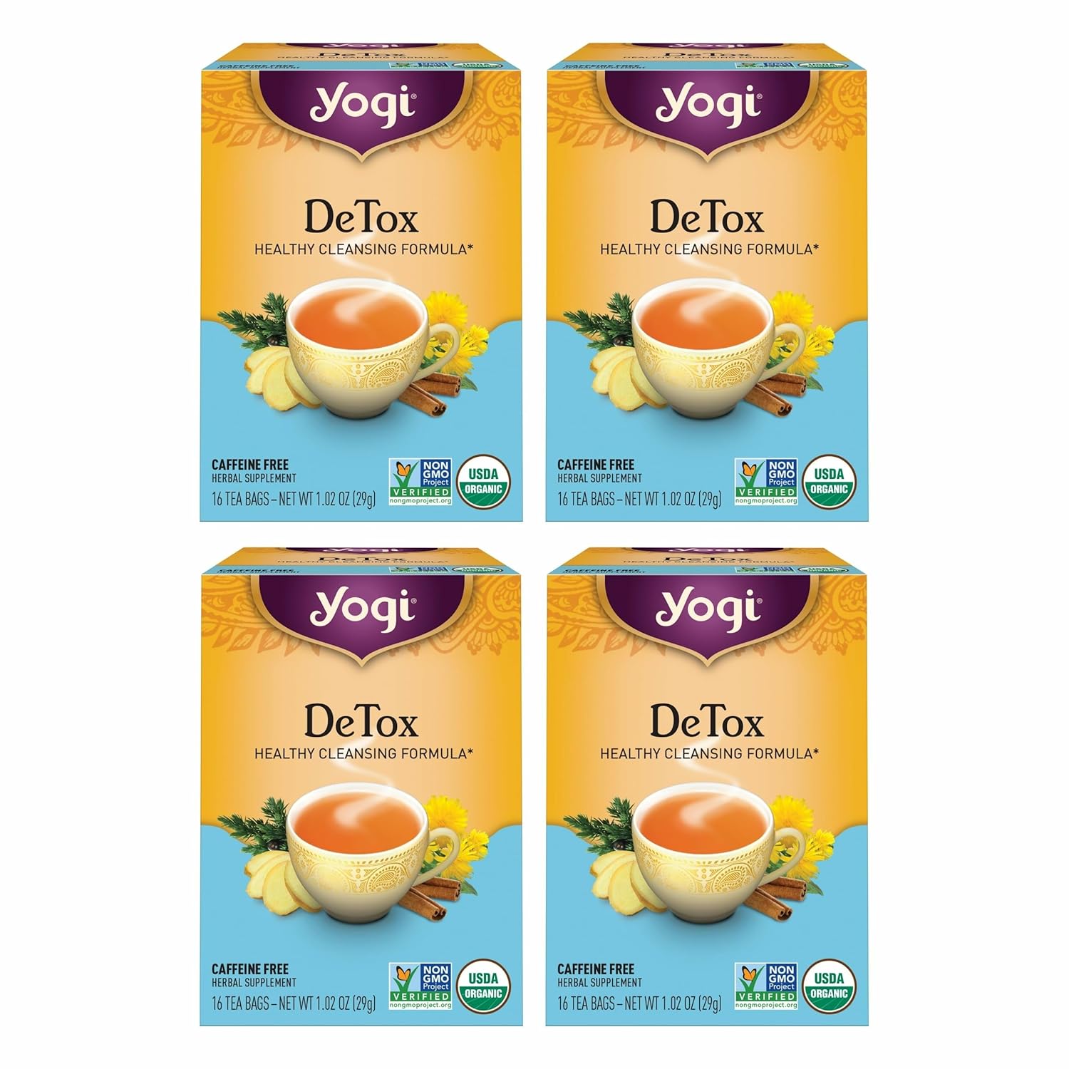 Yogi Tea DeTox Tea - 16 Tea Bags per Pack (4 Packs) - Organic Detox Tea for Digestive & Circulation Support - Includes Burdock, Dandelion, Ginger Root, Black Pepper, Cardamom & Juniper Berry