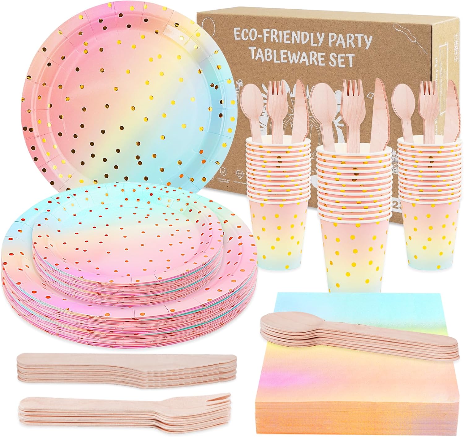 Rainbow Party Tableware,Anstore 200 Paper Plates Cups and Cutlery Set,Party Plates Cups and Napkins,Plates Party Wedding Christmas Party Supplies,Plate,Spoon,Fork,Knife,Cups,Napkins-Serves 25 Guests