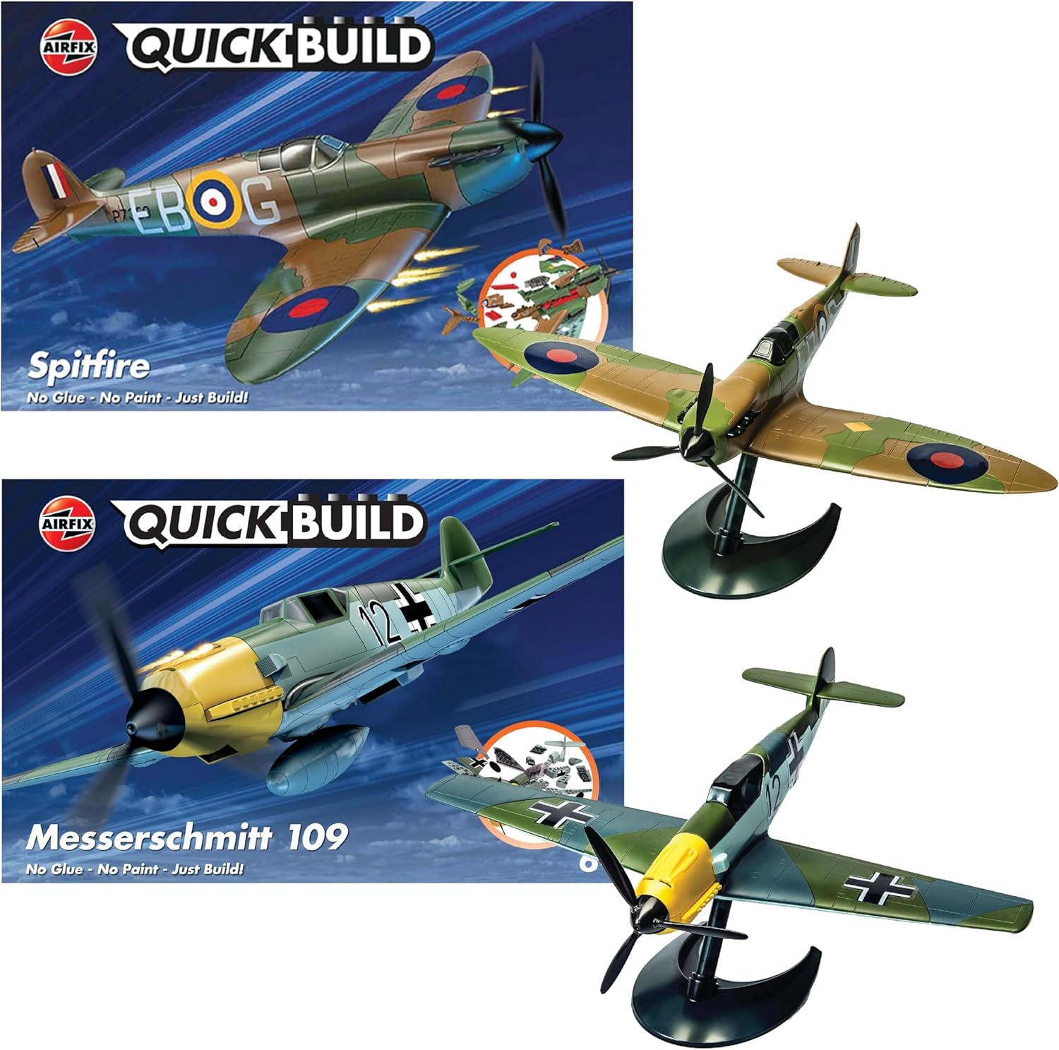 Airfix QUICKBUILD Model Aircraft Kits - J6972 Spitfire & Messerschmitt Bf109 Model Building Kit for Kids 6+, Construction Plane Toys for Boys & Girls - Toy Aeroplane Sets, Plane Enthusiast Gifts