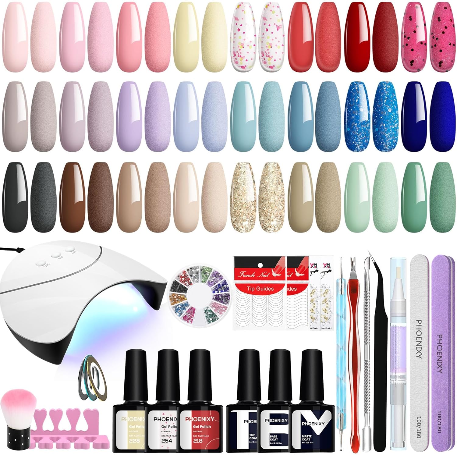 Phoenixy Gel Nail Polish Set, 24 Colours Gel Nail Polish Set with Lamp Starter Kit 8ml Nails Polishes with Base Coat and Glossy Matte Top Coat Nails Art Gifts for Women