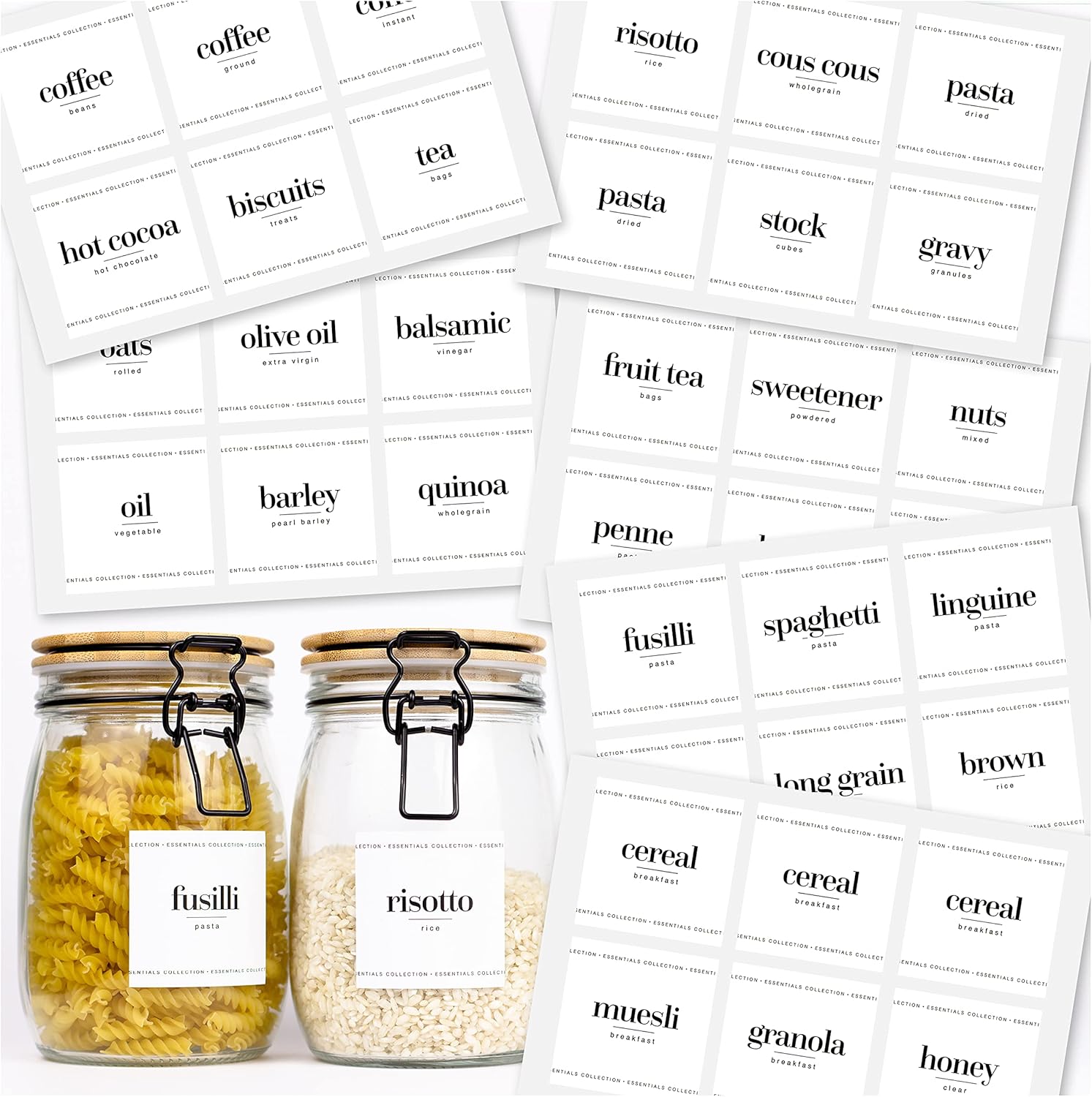 36 x Essential Collection Labels for Jars - Contemporary Printed White Sticky Labels for Kitchen and Pantry Storage