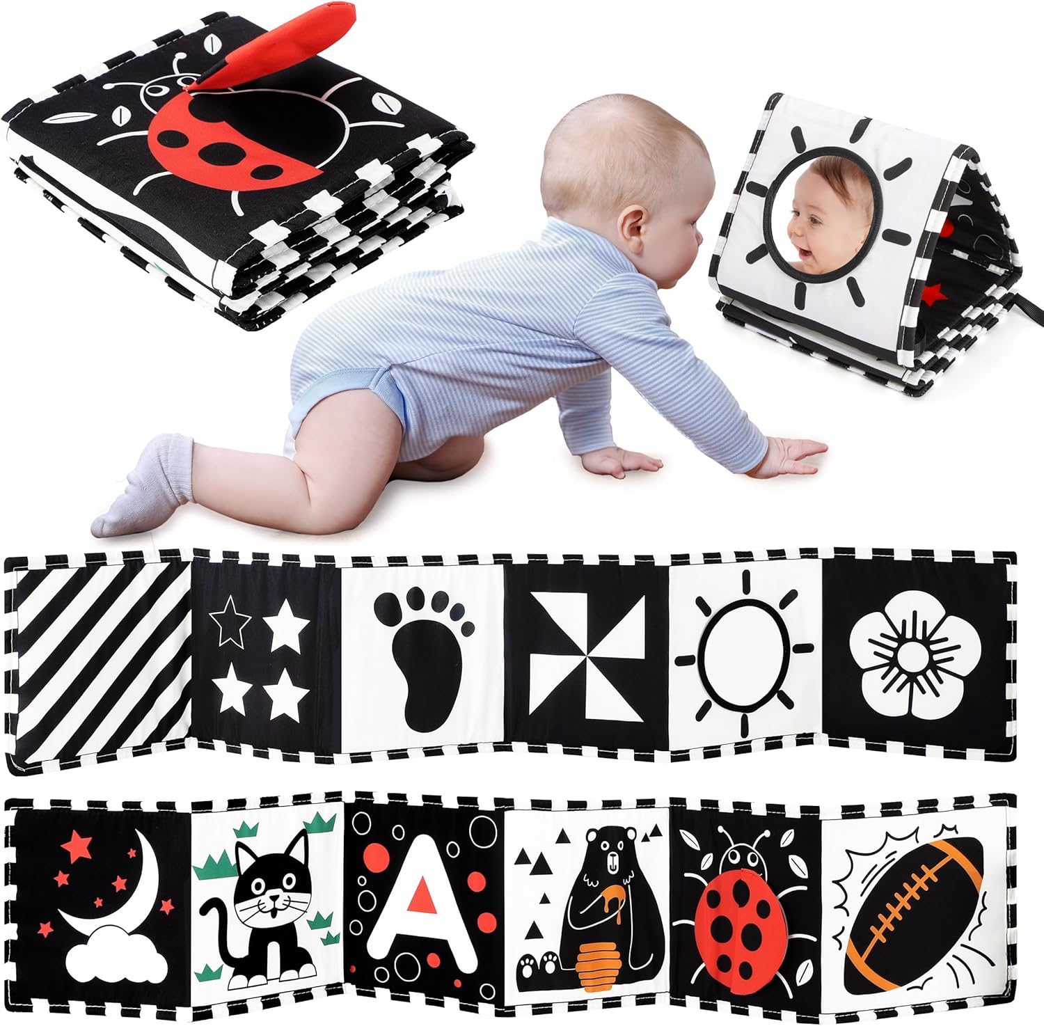 URMYWO Black and White Baby Toys, High Contrast Newborn Toys 0-3 Months Brain Development, Tummy Time Toys, Soft Baby Book, Infant Sensory Toys 0-6-12 Months Visual Stimulation Montessori Toy Gift