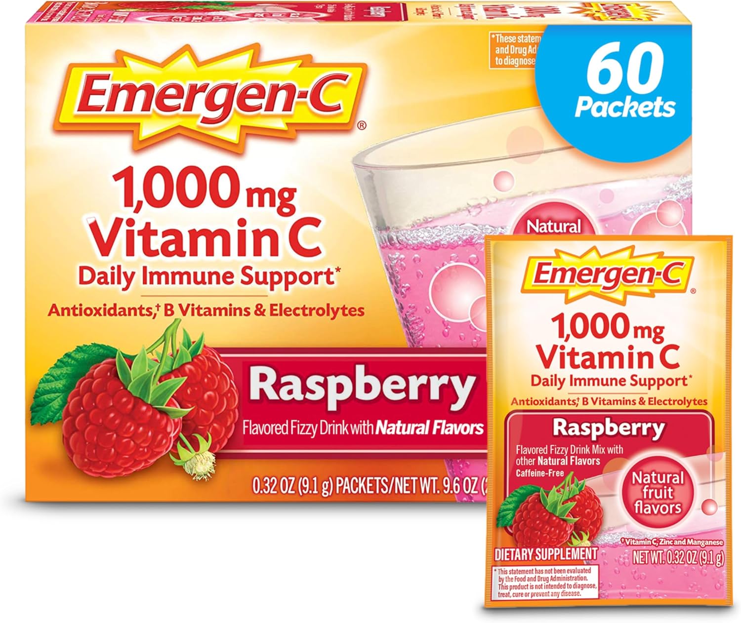 Emergen-C 1000mg Vitamin C Powder, with Antioxidants, B Vitamins and Electrolytes, Vitamin C Supplements for Immune Support, Caffeine Free Drink Mix, Raspberry Flavor - 60 Count/2 Month Supply