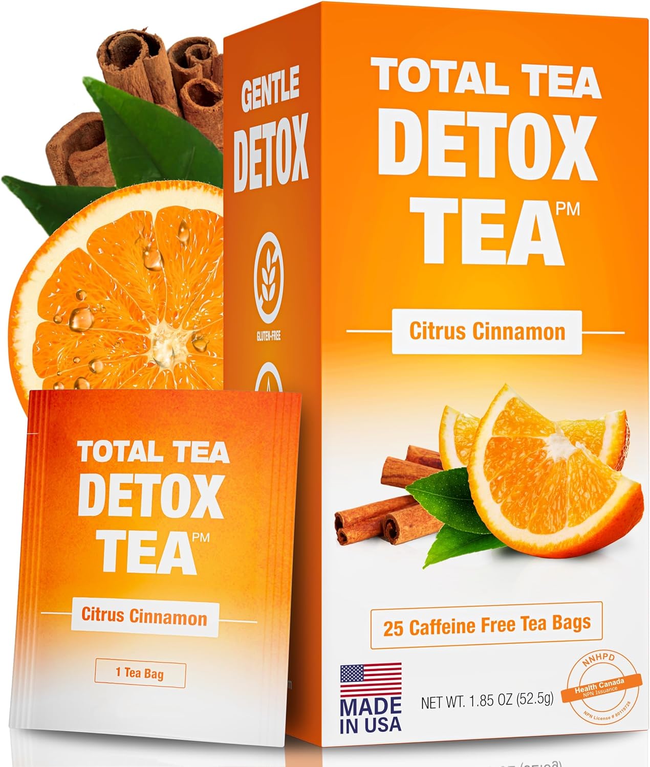 Total Tea Slimming Detox Tea Caffeine Free, Herbal Blend with Chamomile, Hibiscus and Ginger Root for Colon Cleanse and Weight L0SS – Natural Citrus&Cinnamon Herbal Tea for Digestive Health (25 Bags)