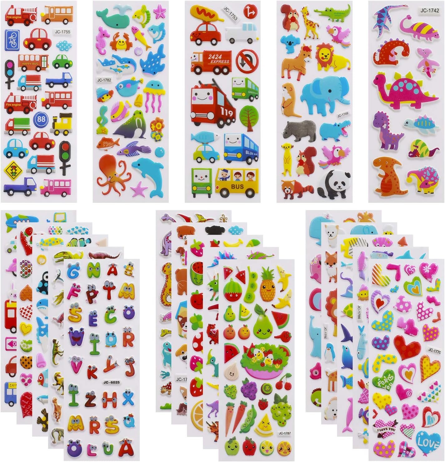 Meafeng 3D Stickers for Kids Toddlers Vivid Puffy Kids Stickers 24 Different Sheets Over 550, Coloured 3D Stickers for Boys Girls Teachers as Reward, Gift, Craft Scrapbooking