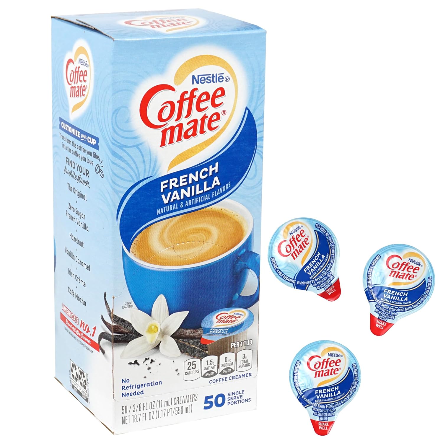 French Vanilla Liquid Coffee Creamer Singles, 50 Cream Singles Serve Box (18.7 Fl Oz.), Coffee Creamer Packets