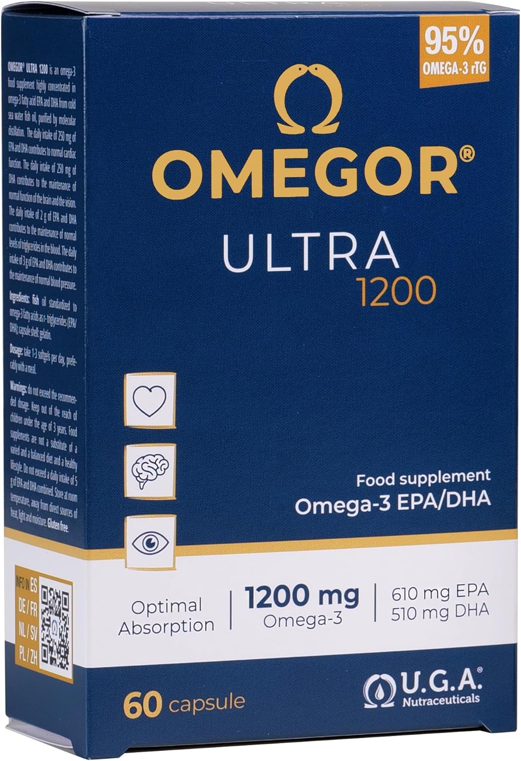 Omega 3 Capsules High Strength OMEGOR Ultra 1200-1120mg EPA and DHA IFOS Certified - High Bioavailability and No Aftertaste (60 Caps)