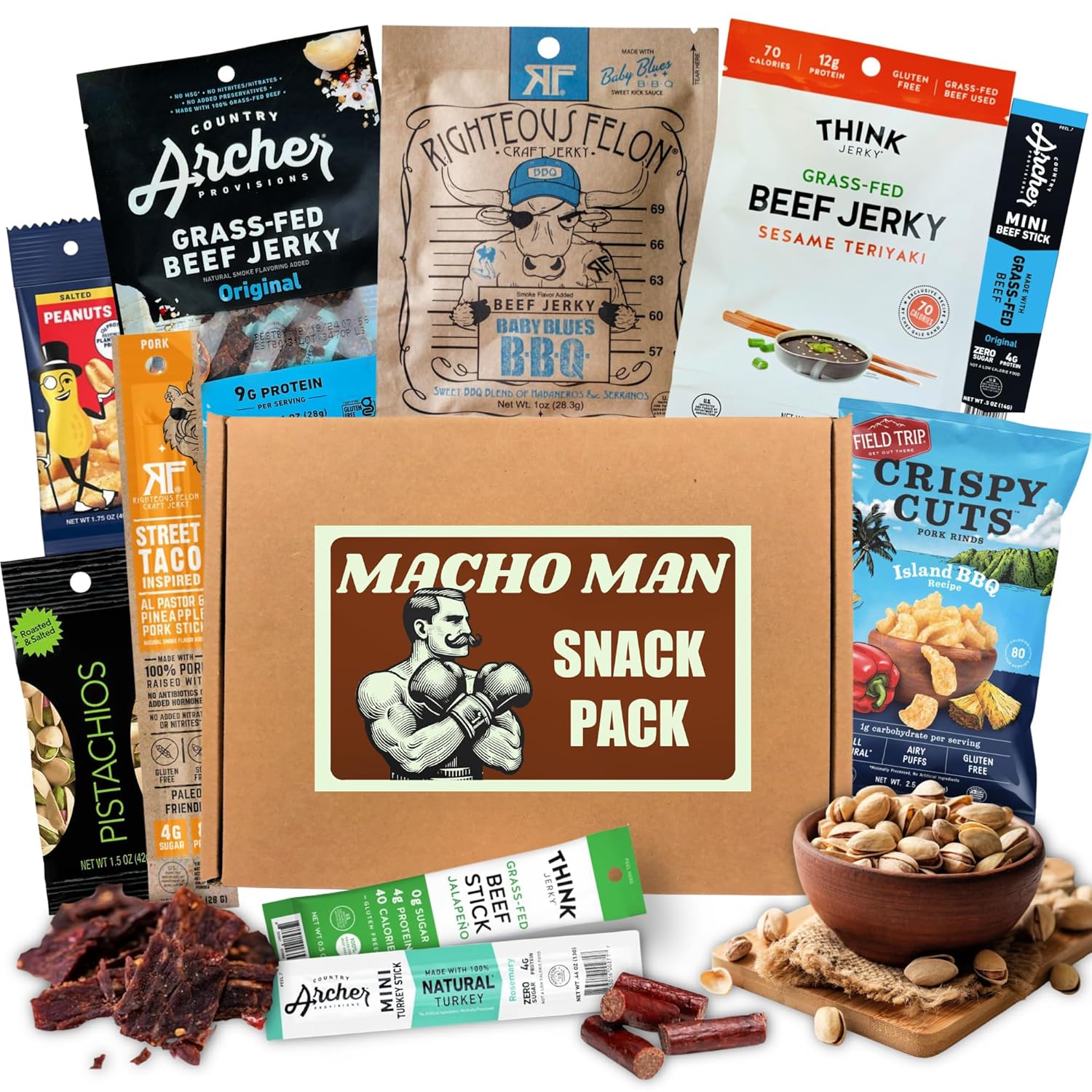 Macho Man Snack Pack Jerky Gift Box - High Protein Snacks for Men, Curated Beef Jerky Assortment Gift Box for Men, Husband, Dad, Boyfriend, Low Carb Keto