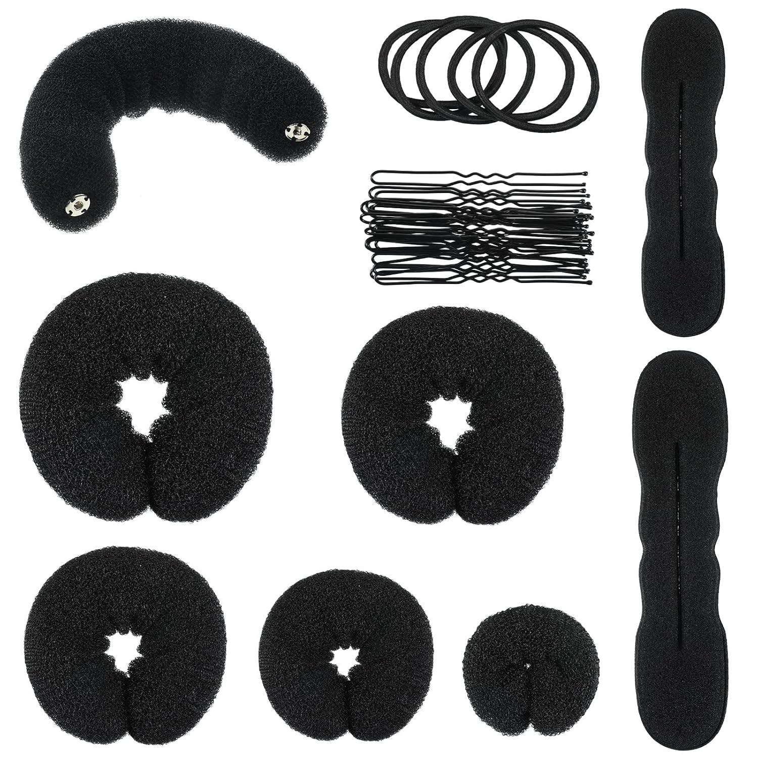 Yinder 34 Pcs Donut Hair Bun Maker Updo Set Includes Black Donut Bun Makers Small & Large Sponge Foam Hair Sponges Elastics Bands Hairpins for Hairstyle DIY