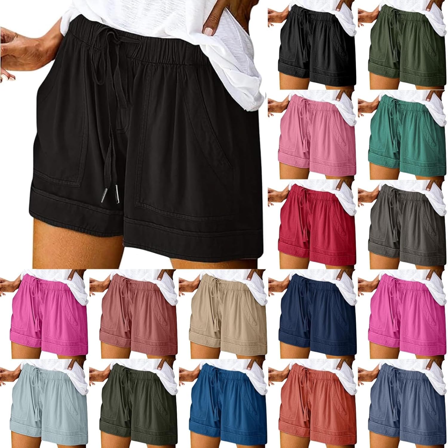 Nuoke Summer Shorts for Women UK Elastic Waist Drawstring Loose Wide Leg Womens Short Pants Summer Casual Beach Gym Shorts for Women with Pockets