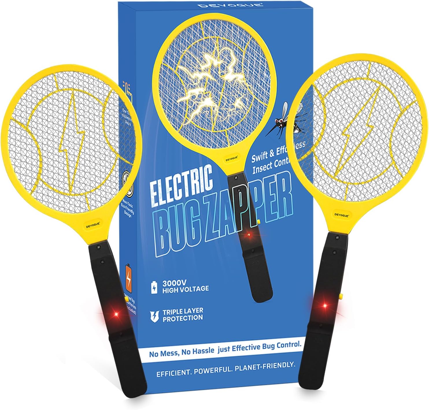 DEVOGUE® Electric Fly Swatter Pack of 2 Bug Zapper Battery Operated Flies Killer Indoor & Outdoor Pest Control Mosquito Zapper and Insect Catcher Racket (Black and Yellow)