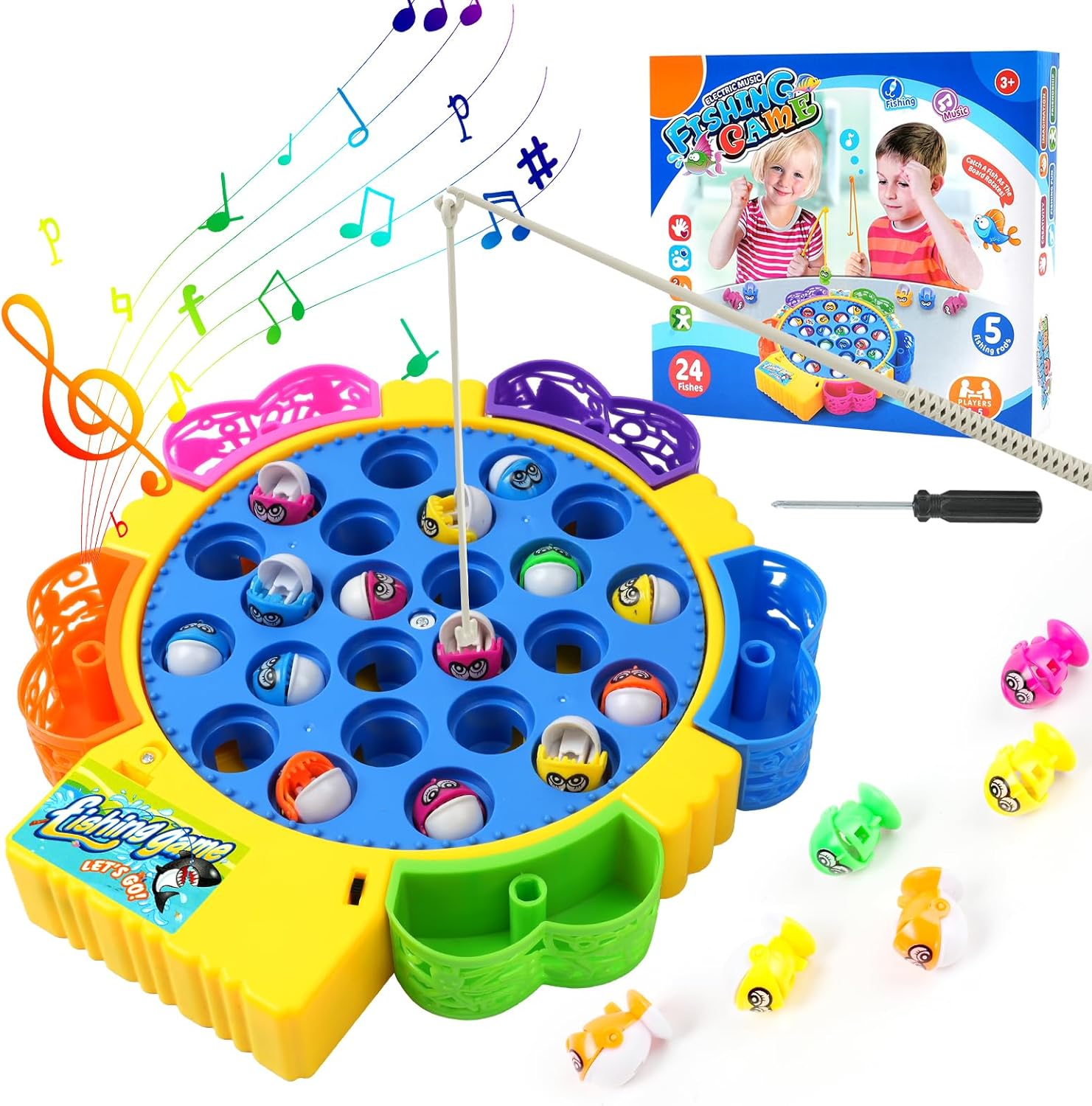 Vicloon Fishing Game for Kids, Electric Fishing Toys, Fish Game Toy with 24 Fish and 5 Fishing Rods Toy Musical Montessori Educational Learning Toys for Boys Girls Children Toddlers 3-7 Years Old