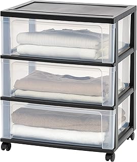 IRIS USA 3 Drawer Wide Storage Drawer Cart with Caster Wheels, Plastic Rolling Dresser for Home Closet Bedroom Bathroom Office Laundry Kitchen Craft Room Nursery and School Dorm, Black/Clear