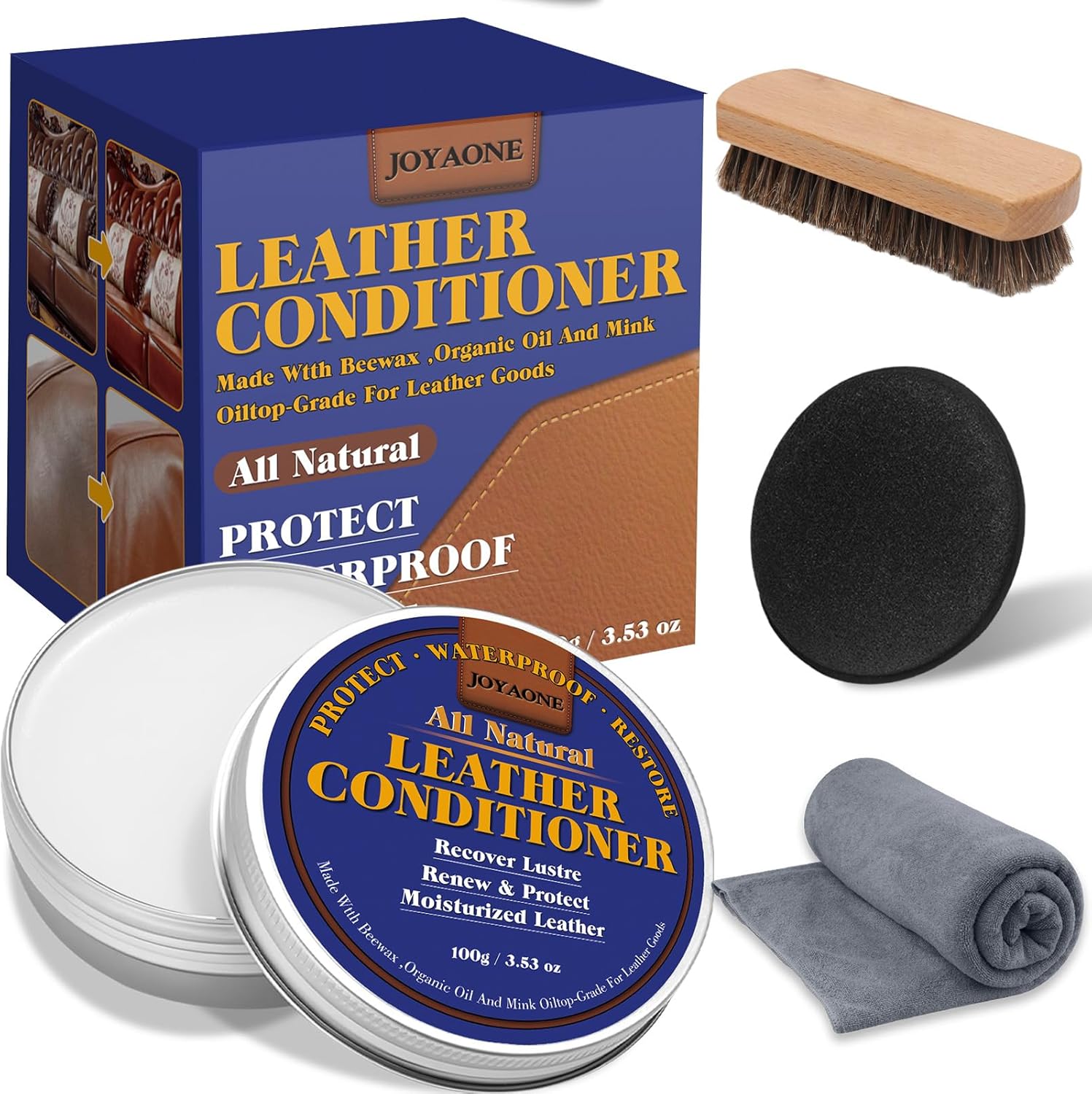 Leather Conditioner and Cleaner, All-Natural Mink Oil Conditioner Kit with Sponge, Horsehair Brush and Towel, Restore and Polish Leather Boots, Shoes, Jacket, Purses, Bags, Couch, Furniture (100g)