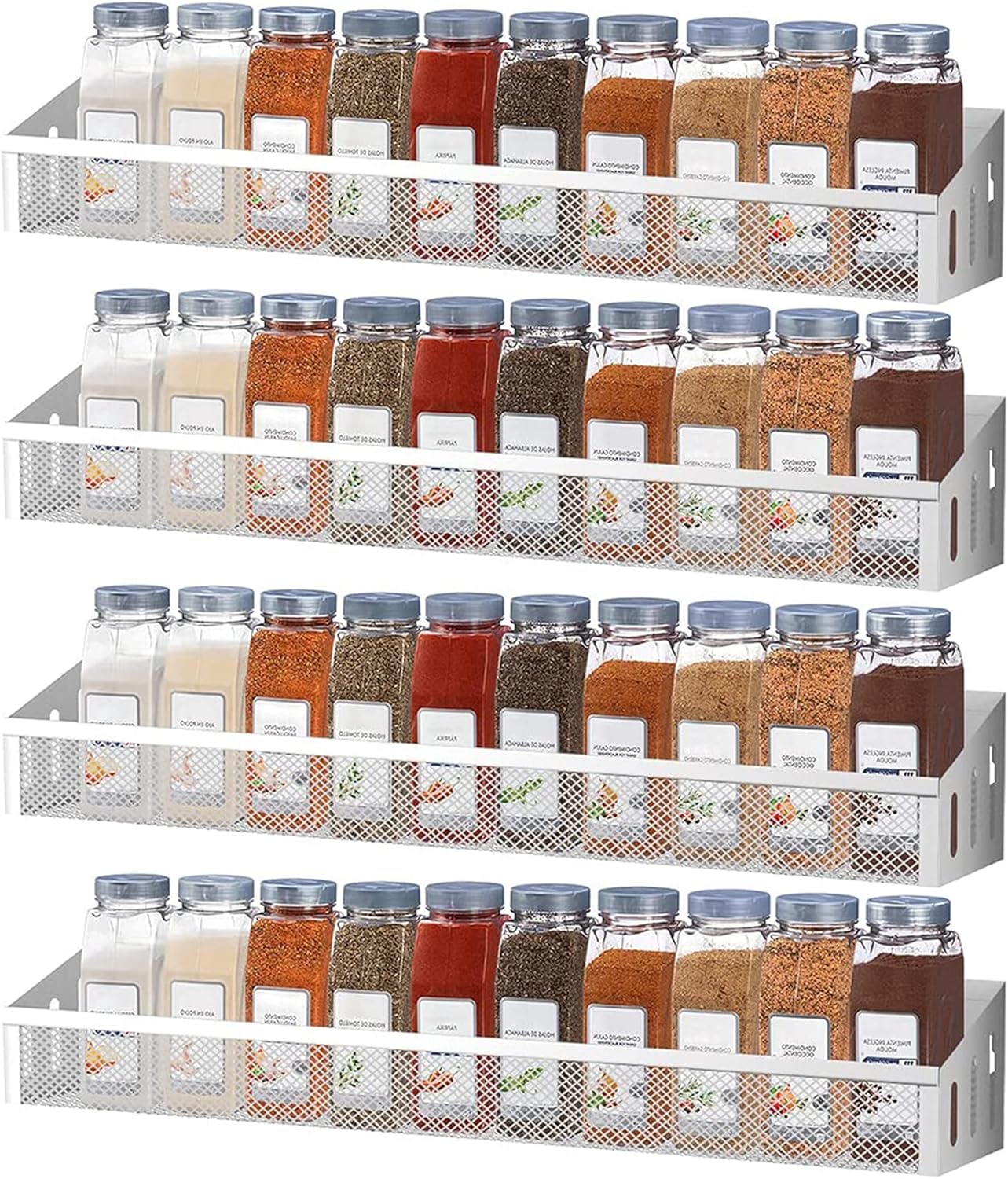 Spice Rack Wall Mounted Storage Organiser Jar Racks Kitchen Metal for Hanging Inside Cupboard Pantry herb Storage Spices, nail polishes, cotton pads, cosmetic Silver Grey(4-Tier)