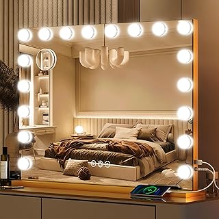 Gold Vanity Mirror with Lights, 32" x 24" Large Lighted Vanity Mirror with Dimmable 3 Modes, LED Makeup Mirror, 10X Magnification, USB Charging Port, Tabletop or Wall-Mounted