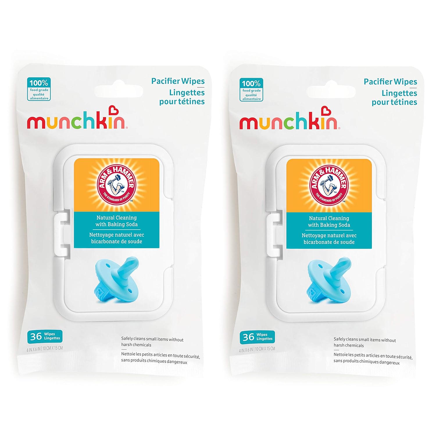 Munchkin Arm & Hammer Pacifier Wipes - Safely Cleans Breast Pump Parts and Feeding Essentials for Baby and Toddler, 2 Pack, 72 Wipes