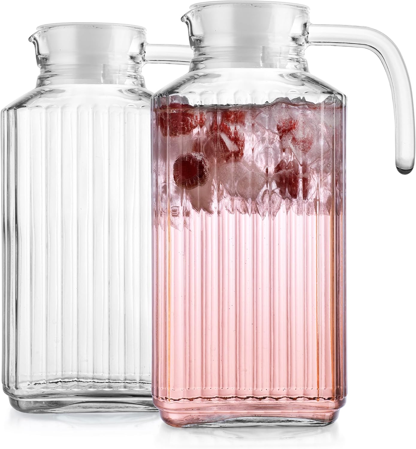 Fridge Pitcher Set of 2– 60 OZ. Glass Water Pitcher with Lid By Home Essentials & Beyond Practical and Easy to use. Great for Lemonade, Iced Tea, Milk, Cocktails and more Beverages.
