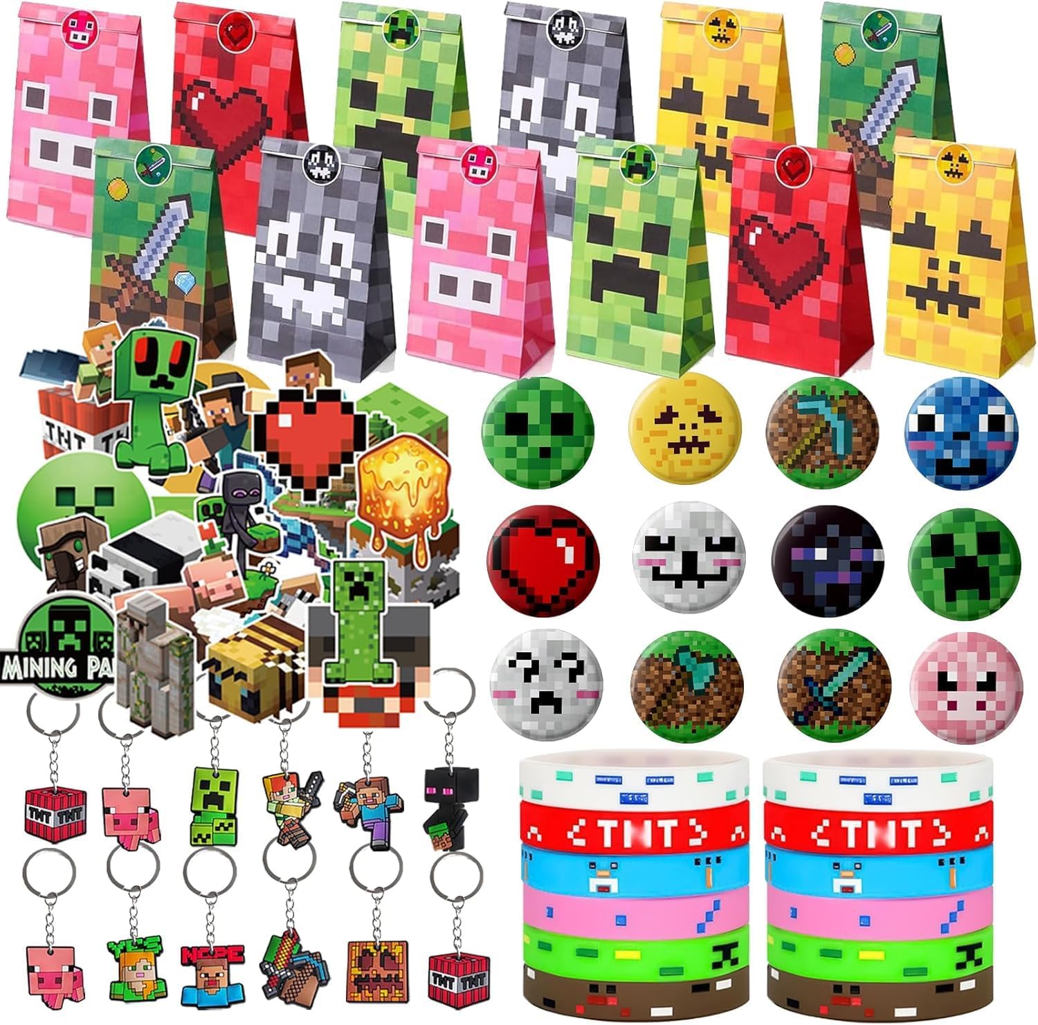 Yisound123 98 piece party bag filler set Miner Gaming Party Bag Fillers, Gamer Party Favours Gaming Keychain Party Bags Button Pins Stickers Miner Party Supplies Goodie Bag Fillers for Kids Boys