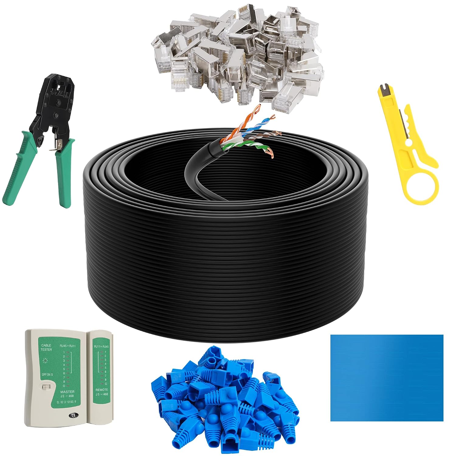 Cat 6 Outdoor Ethernet Cable 500 FT with Tool Kit, Waterproof DIY Bulk Cord