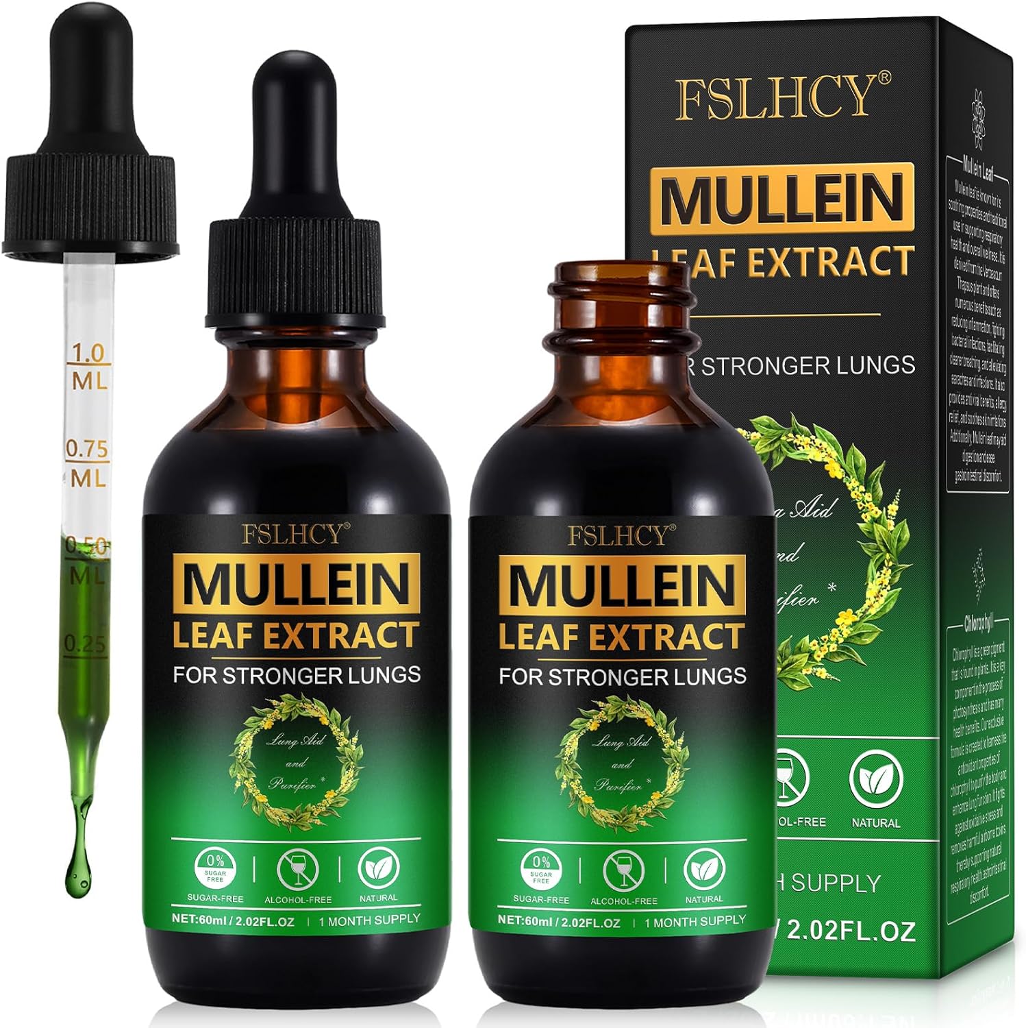 Mullein Drops for Lungs, Mullein Leaf Extract Support Lung Cleanse & Healthy Breathing, Organic Mullein Leaf Tincture Herbal Supplement, No Additives Mullein Extract Drops 60ml, 2 Packs