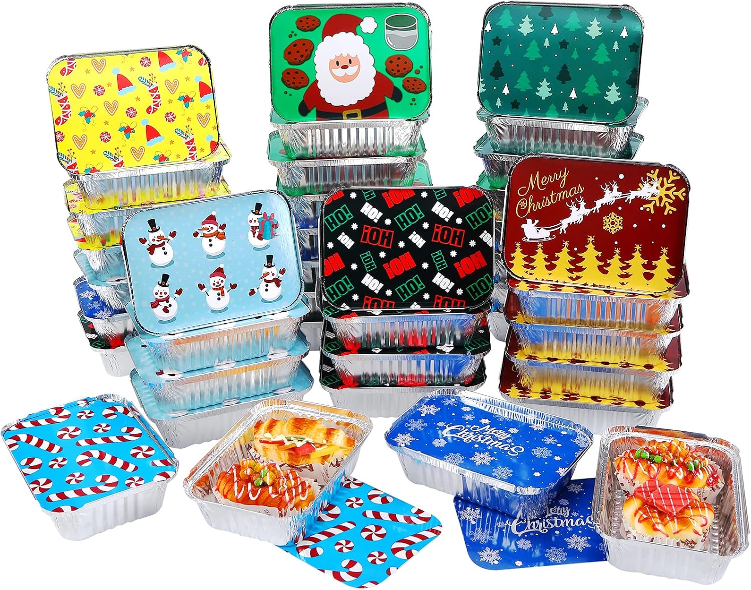 40Pcs Christmas Aluminum Pans With Lids,8 Holiday Designs,Foil Pans for Gift Giving Rectangular Treat Foil Containers Cookie Tins for Holiday Leftovers or Cookie Exchange,7.3"l X 5.1"w X 2"d