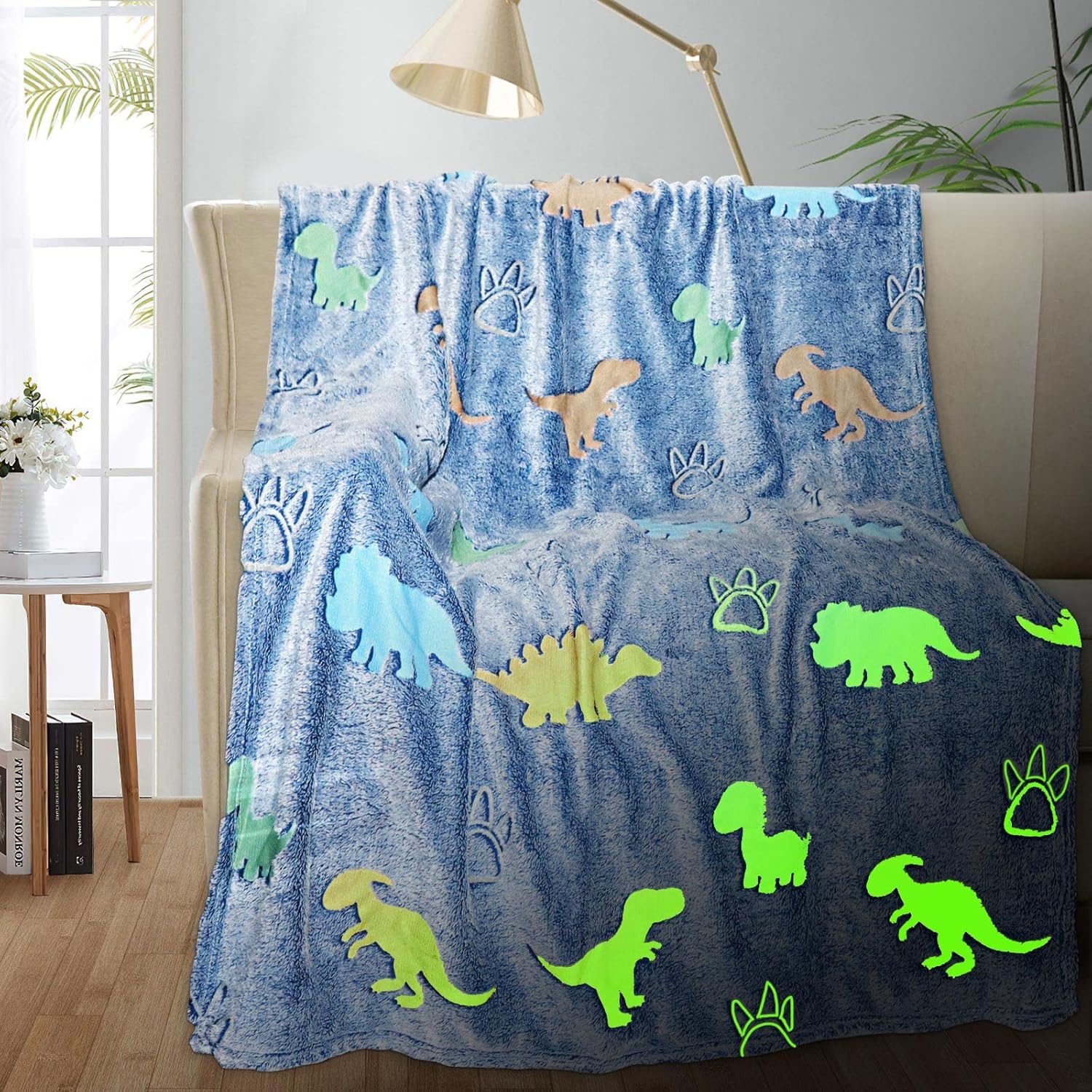 TEHALK Dinosaur Glow in The Dark Blanket for Boys, Kids, Toddler, 40"x60", Blue, Polyester, Flannel/100% Polyester, Modern Dinosaur Pattern, Machine Washable