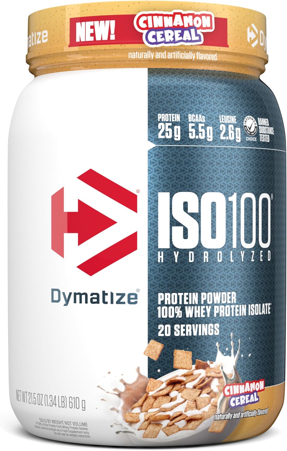Dymatize ISO100 Whey Protein Powder Isolate, Cinnamon Cereal, 25g of Protein, 20 Servings, 5.5g BCAAs, Less Than 120 Cal., Gluten Free, 1g Fat, 1g Sugar, 2g Carb