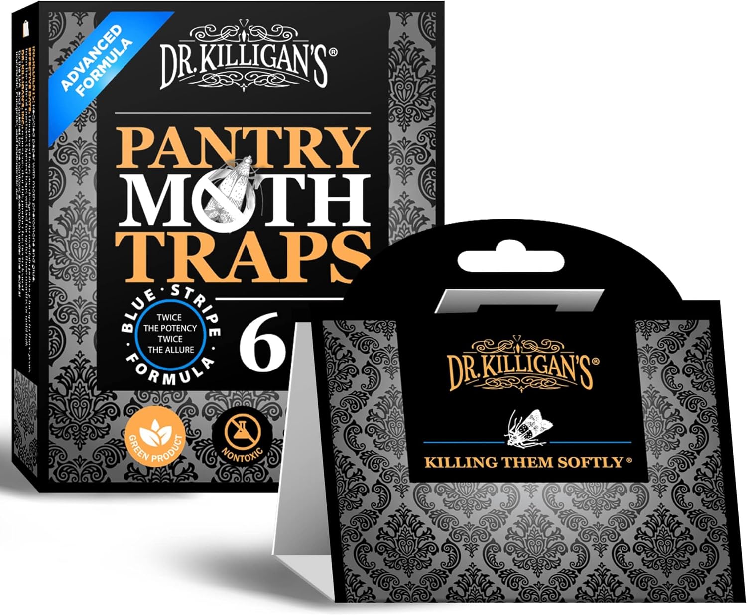 Dr. Killigan's Premium Double Potent Pantry Moth Traps with Pheromones Prime, Sticky Indian Meal Moth Traps for Kitchen, How to Get Rid of Moths in House, Organic Moth Pheromone Traps (6 Pack, Black)