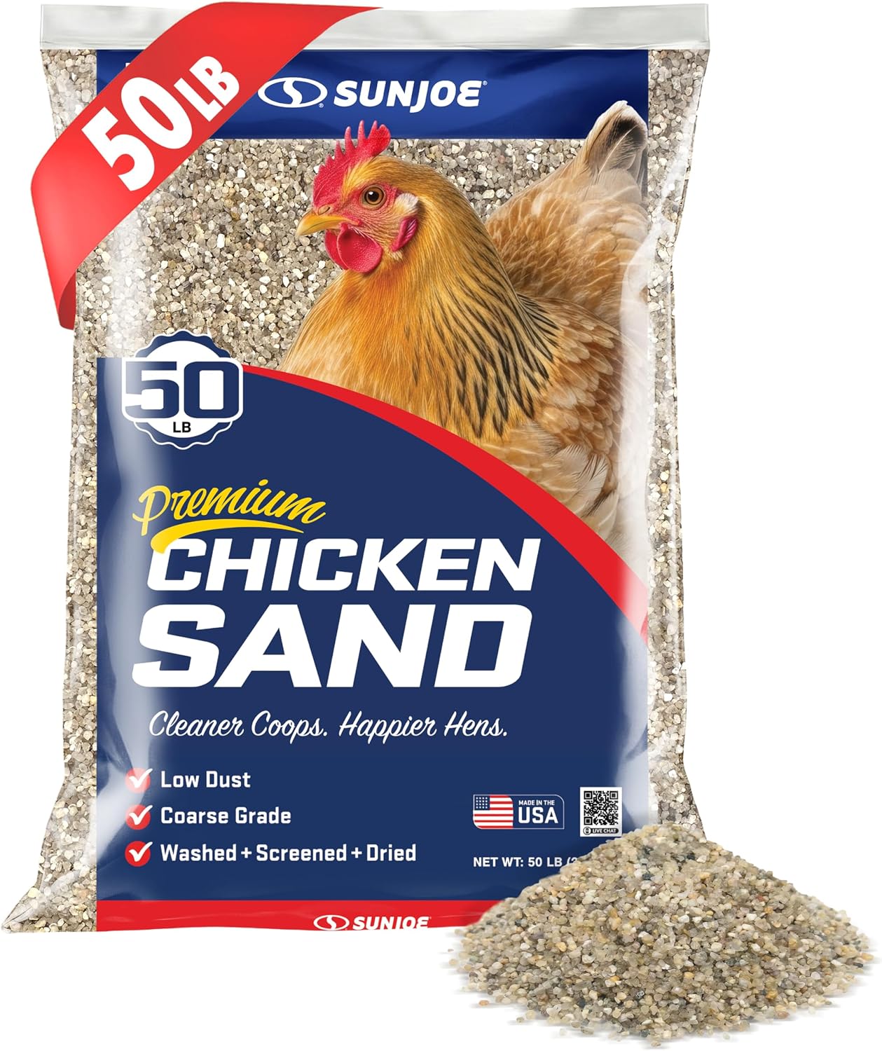 Premium Chicken Coop Sand, Coarse Grade, Washed, Screened and Dried, Fast-Draining, Non-Clumping, Natural Mineral Poultry Bedding, 50 lb Bag