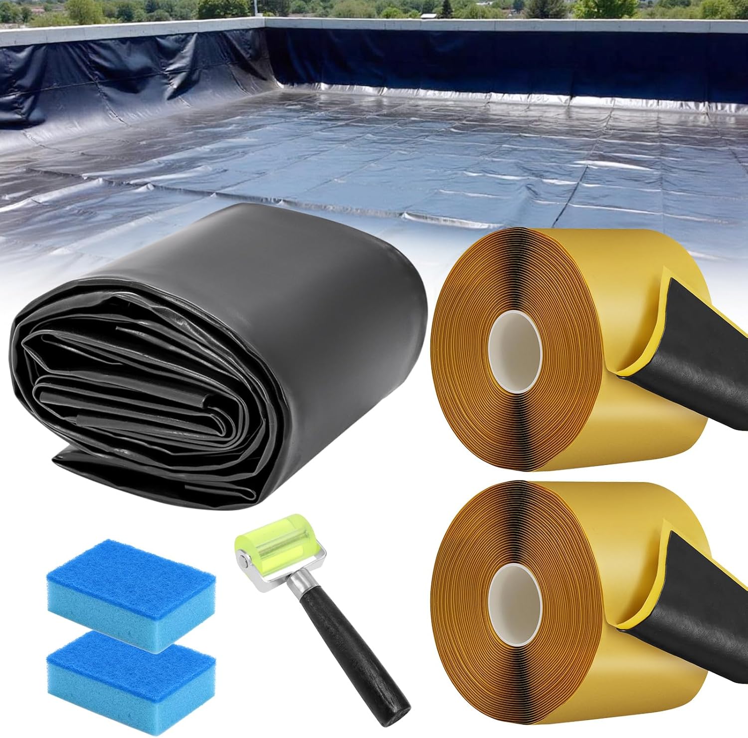 20 x 30 FT Pond Liner & 2 Pcs Pond Liner Seam Tape, 20 Mil Pond Liners for Outdoor Ponds, 3" x 30' Double Sided Butyl Tape Kit with 2 Pcs Sponge & Roller for HDPE Liners Garden Fountain Waterfall