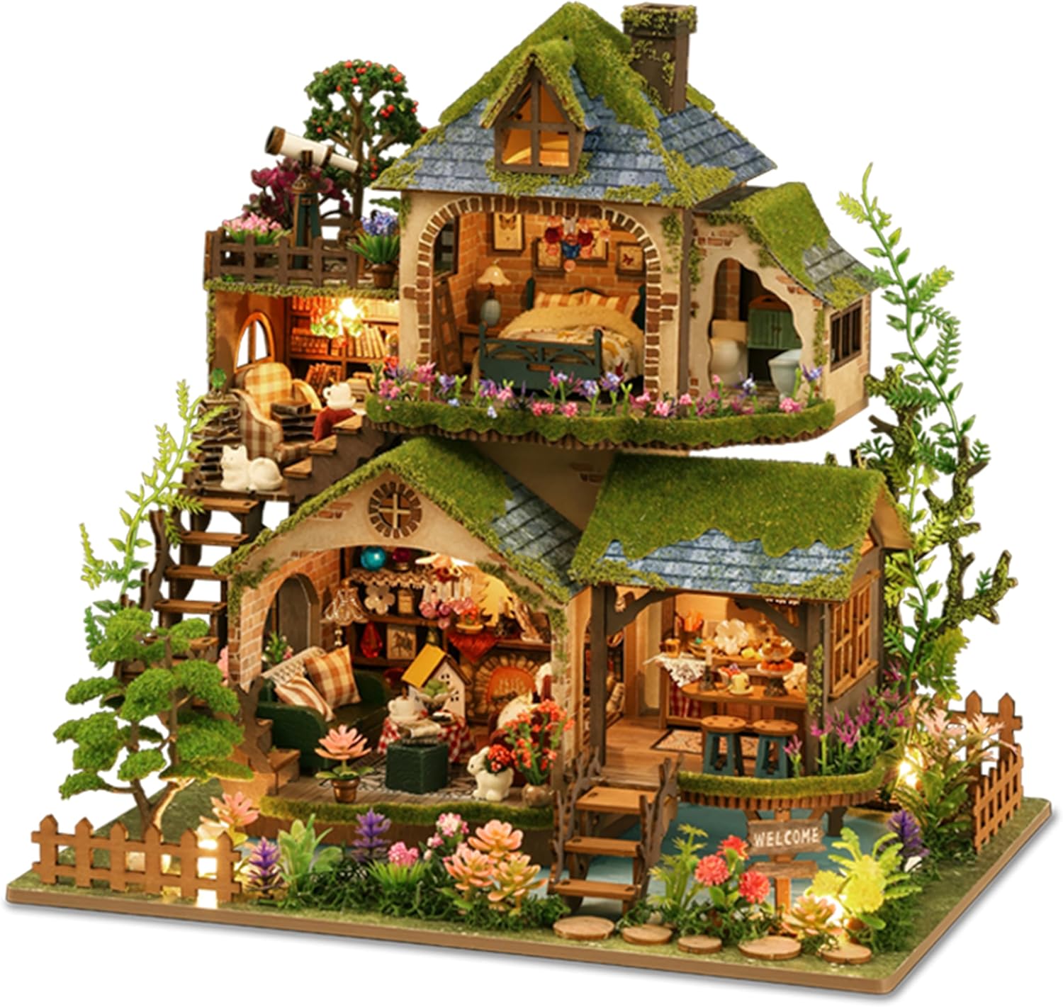 ISSEVE DIY Miniature House Kit, Tiny House Dollhouse Kit for Adults, Mini House Building Kits, Halloween Christmas Home Bookshelf Decoration, Gifts for Family and Friends (Forest Adventure)