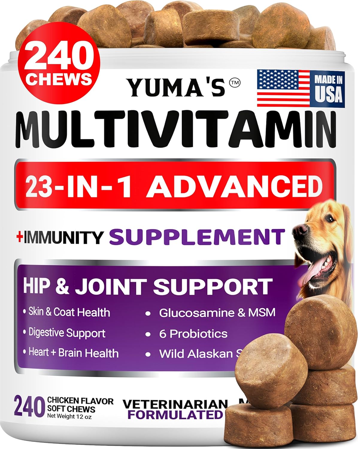 Dog Multivitamin Chewable with Glucosamine - 240 Treats - Dog Vitamins and Supplements - Senior & Puppy Multivitamin for Dogs - Hip & Joint Support - Immune Health, Skin, Heart, Digestion, Probiotics