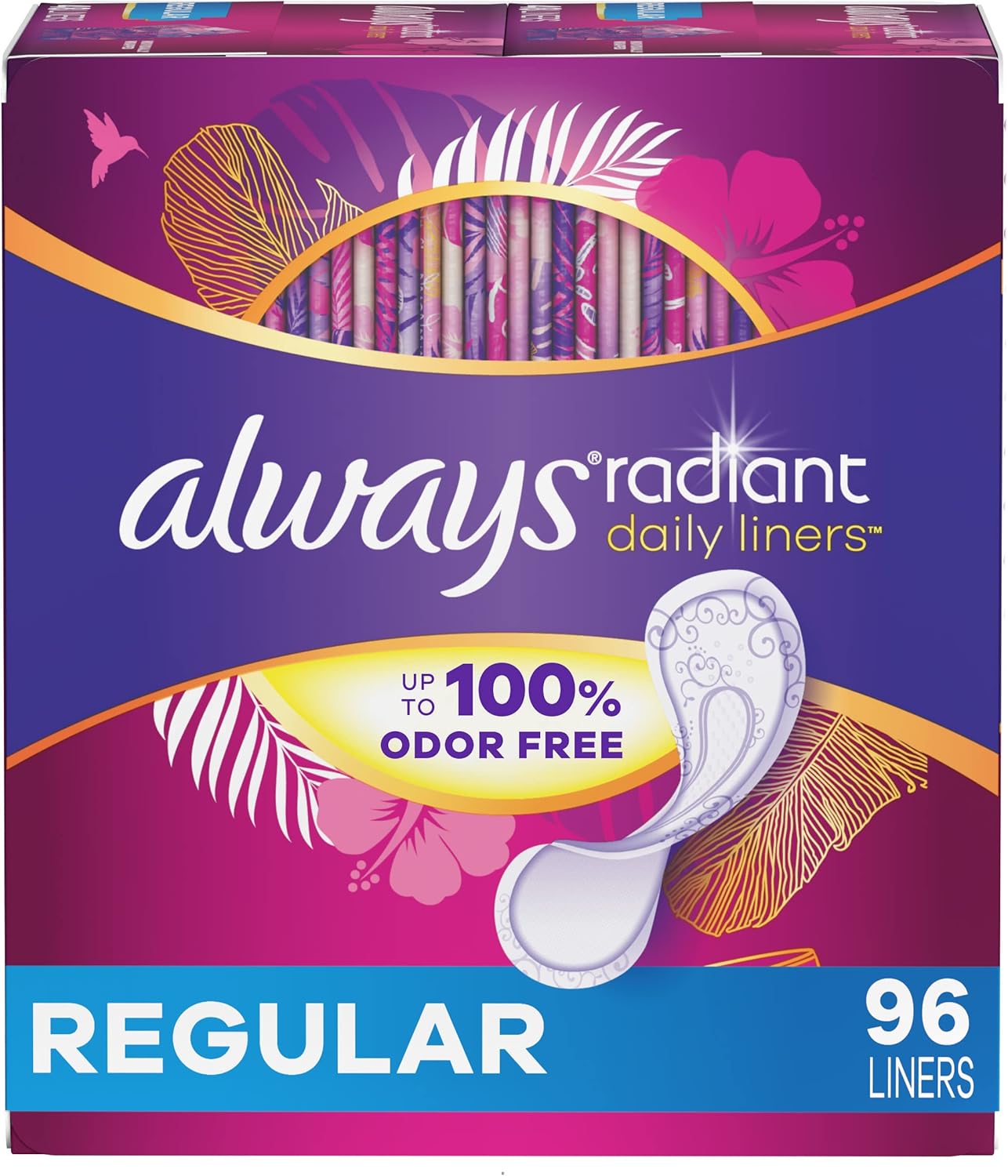 Always Radiant Daily Feminine Panty Liners For Women, Regular Absorbency, Unscented, 96 Count(Pack of 1)
