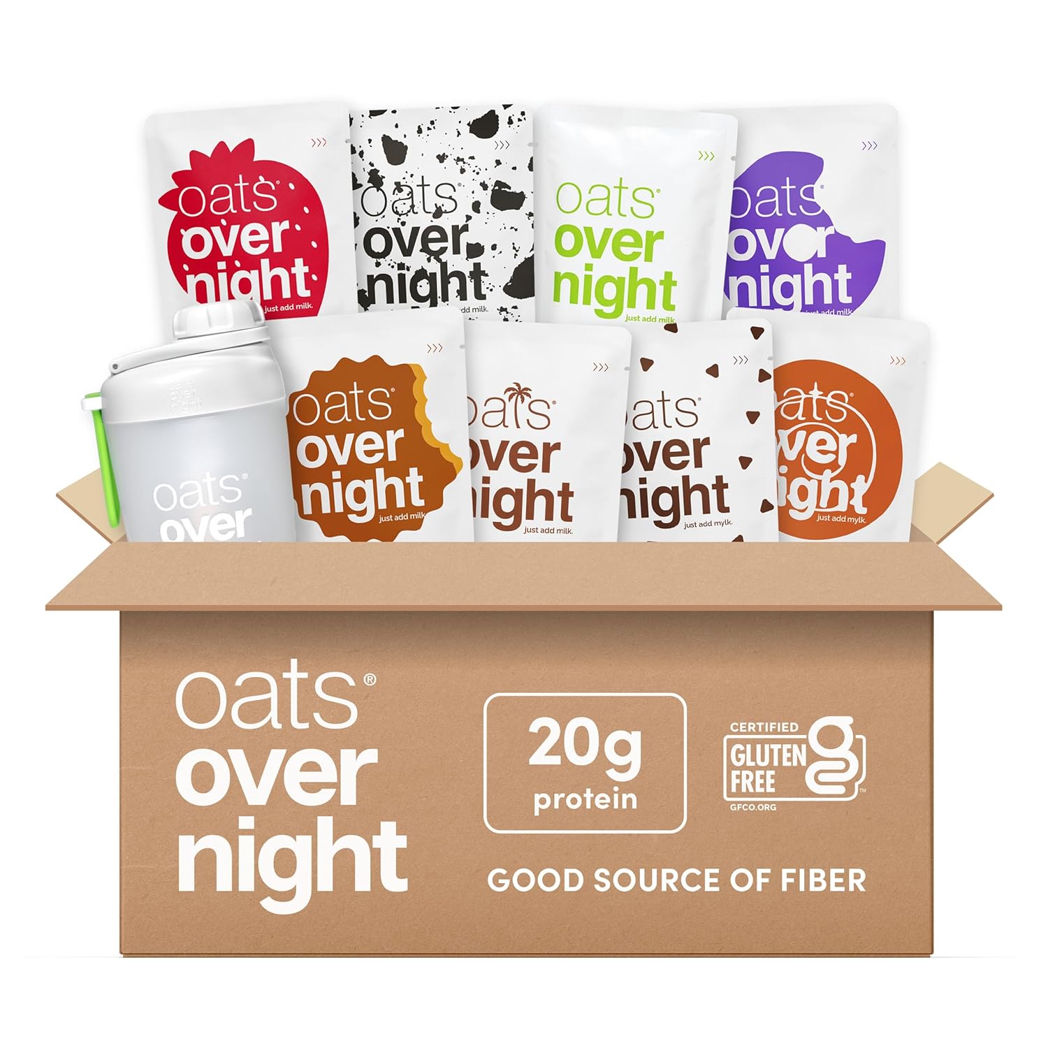 Oats Overnight Party Variety Pack - High Protein, High Fiber Breakfast Protein Shake - Gluten Free Oatmeal, Non GMO Oatmeal - Cookies & Cream, Coconut Cream Pie & More Flavors (8 Pack + Shaker Bottle)