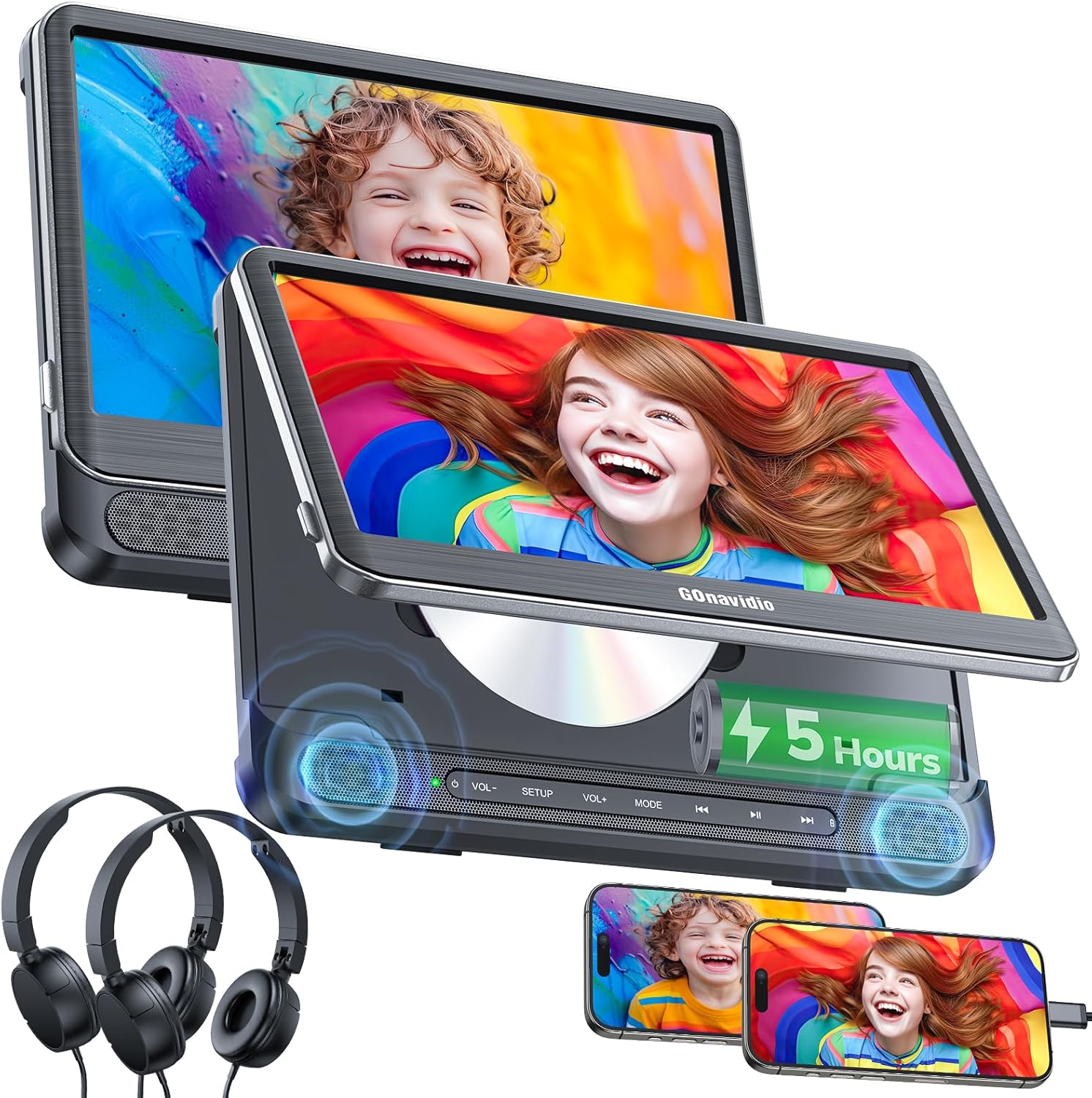 GOnavidio 12" Dual Car DVD Players with HDMI Input, Car TV with Headphones, Wall Charger, Support USB/TF Card, MP4/MKV, Watch Same/Different Movies, HD Decoding, Last Memory