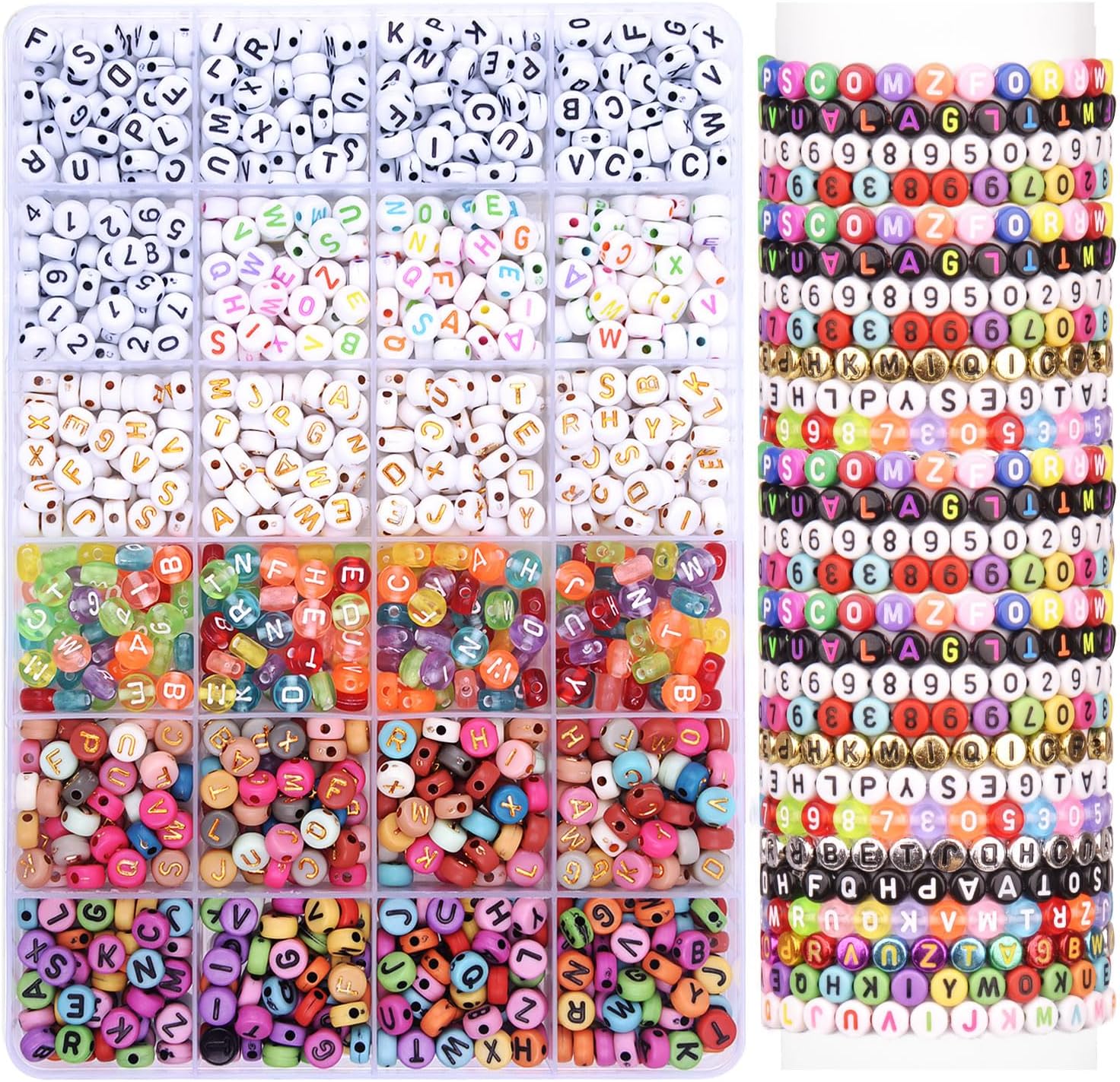 7 Style Letter Alphabet Beads for Bracelets Making, 1380 Pcs Colorful Square Round Letter Beads Kit for Jewelry Making, Letter Beads Bulk with Crystal Elastic String