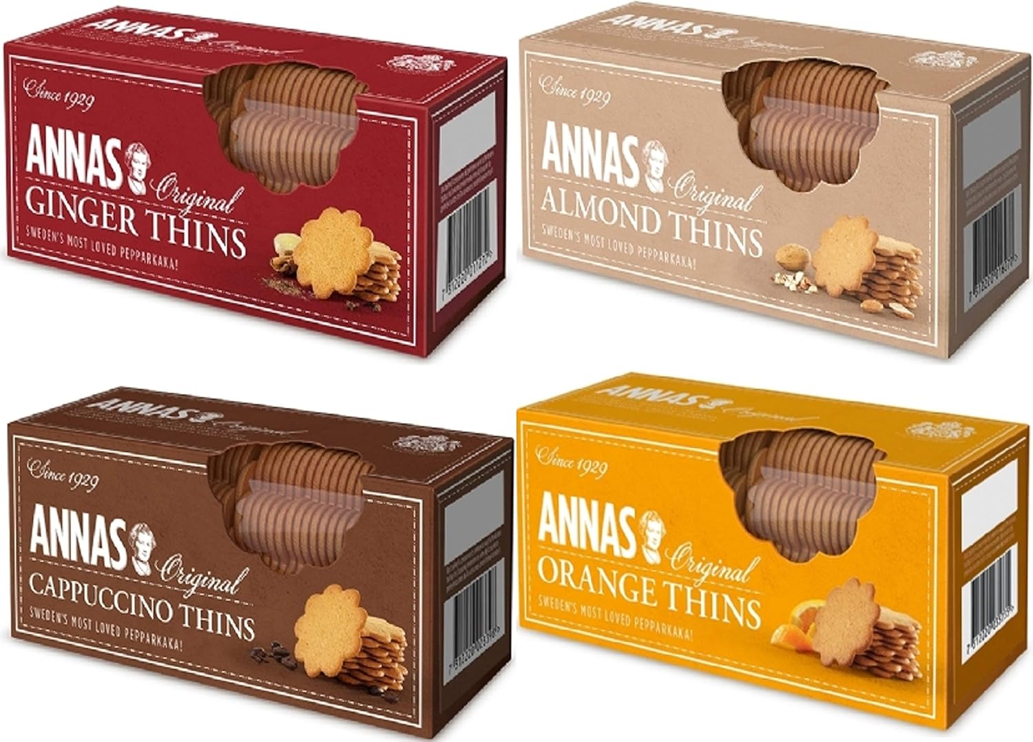 Annas Original Biscuit Selections - Orange Thins, Cappuccino Thins, Ginger Thins & Almond Thins pepparkaka Biscuits