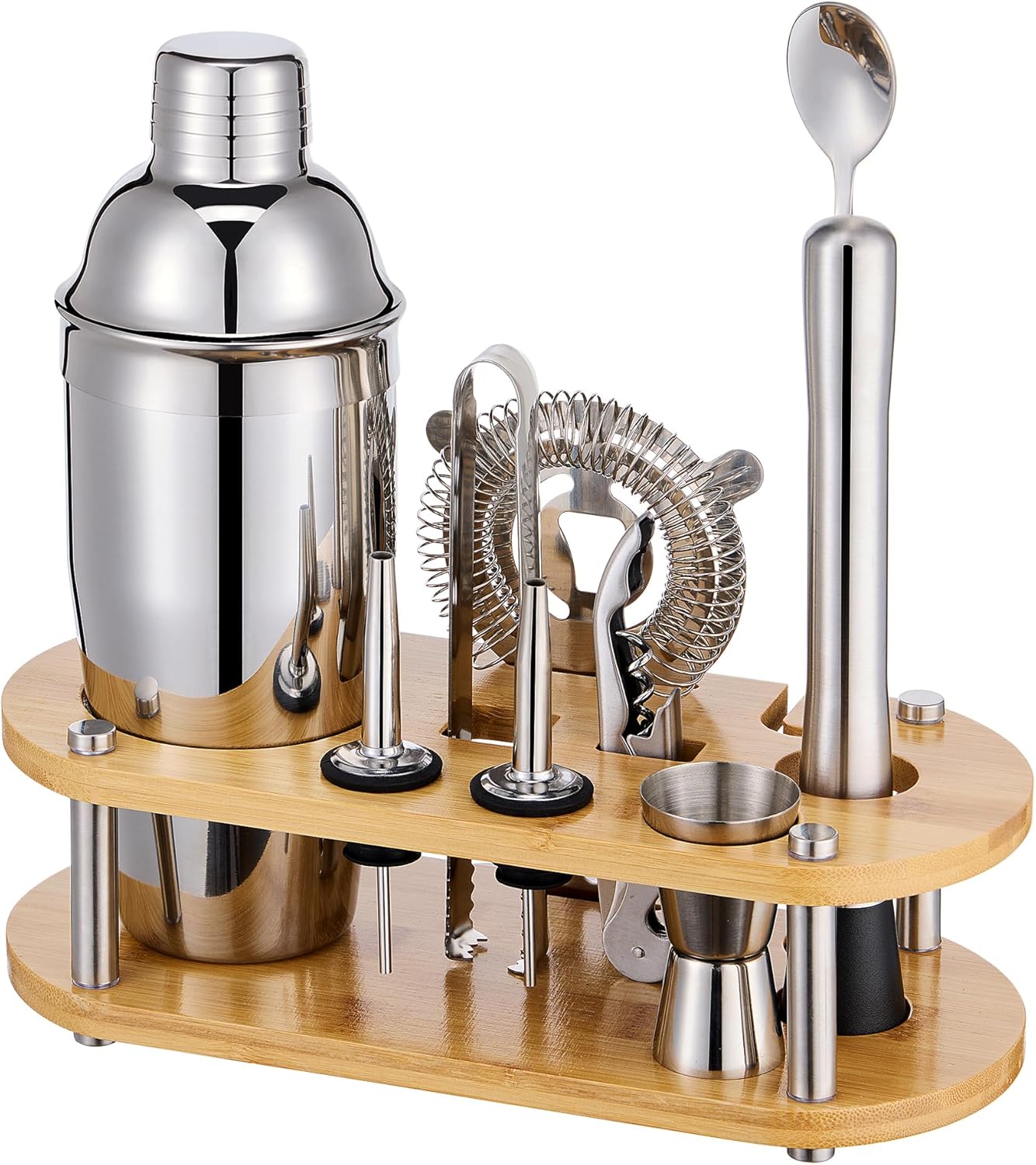 Cocktail Shaker Set Bartender Kit - 11 Pcs Bar Tool Set with Bamboo Stand & All Bar Accessories: Martini Shaker, Strainer,Jigger, Muddler, Mixer Spoon Barware Kit, for Bar, Home Lounge & Party