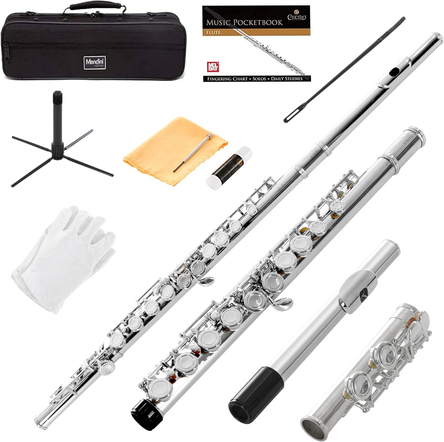 Mendini By Cecilio Flute, 16 Keys C Flute Instrument Closed Hole For Beginners with Carrying Case, Cork Grease, Stand, Lesson Book, Cleaning Kit, Gloves (Silver Nickel)